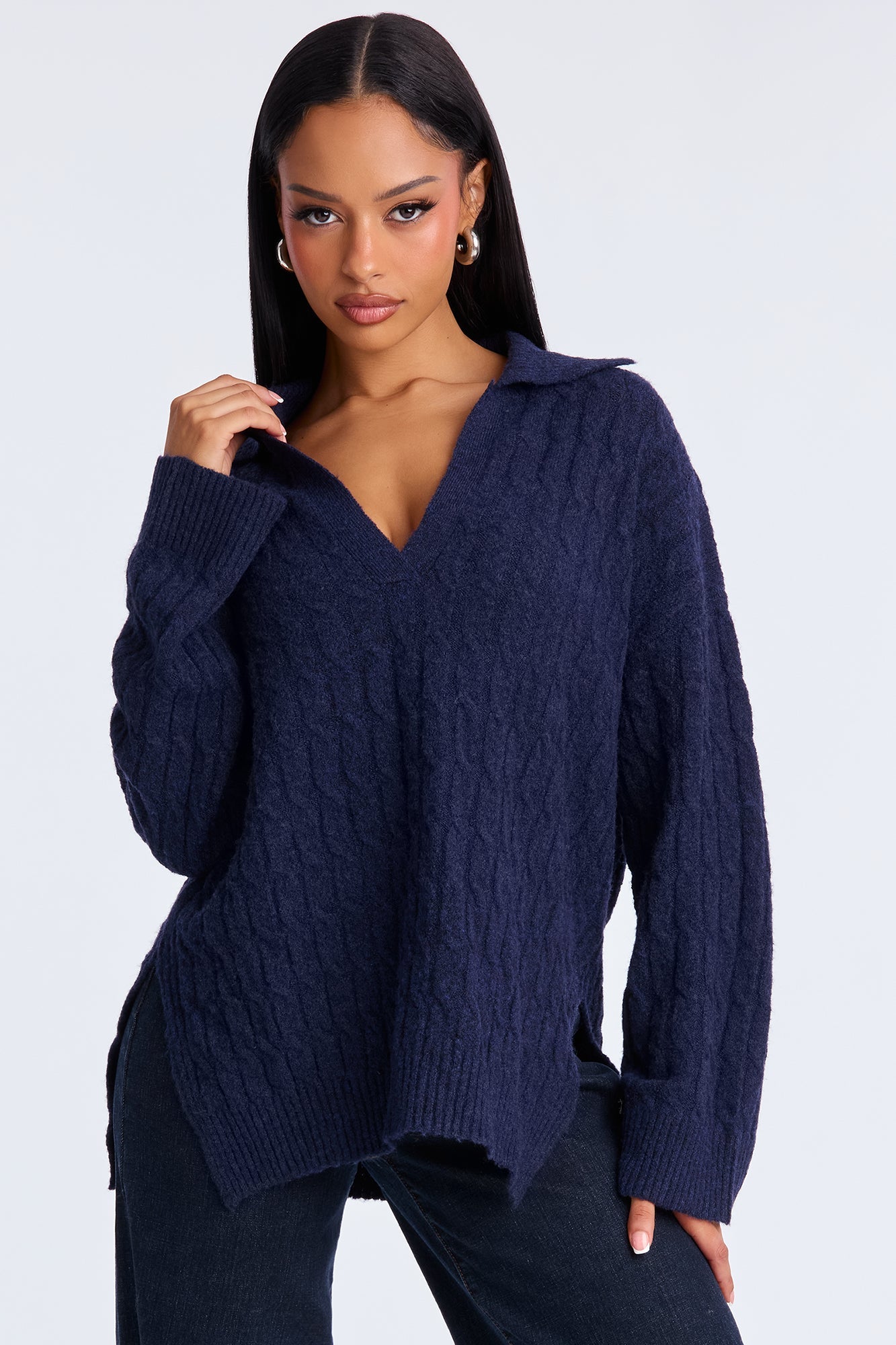 Mylie Cable Knit Polo Sweater - Navy