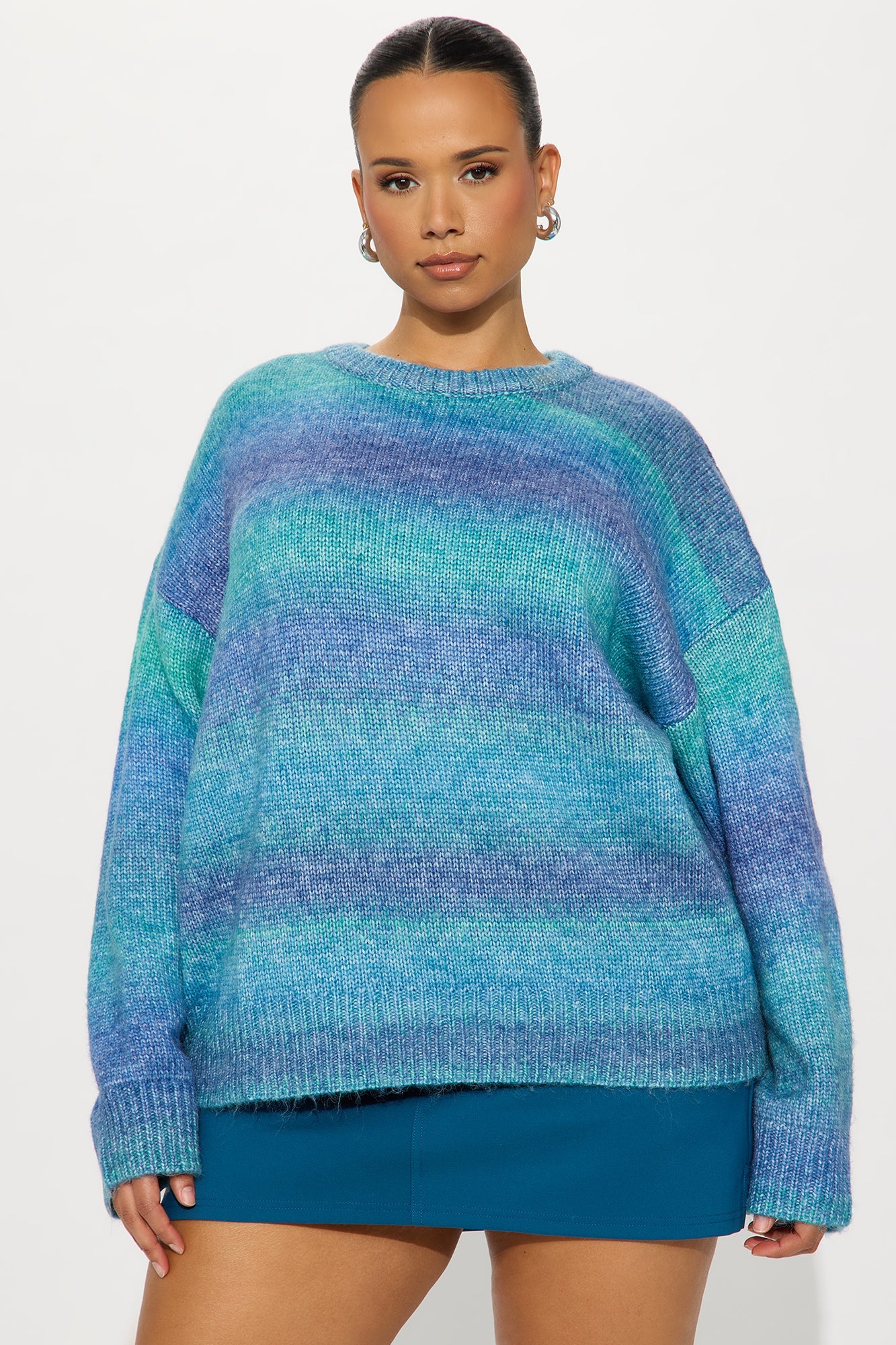 Not Your Babe Ombre Crew Neck Pullover Sweater - Blue/combo