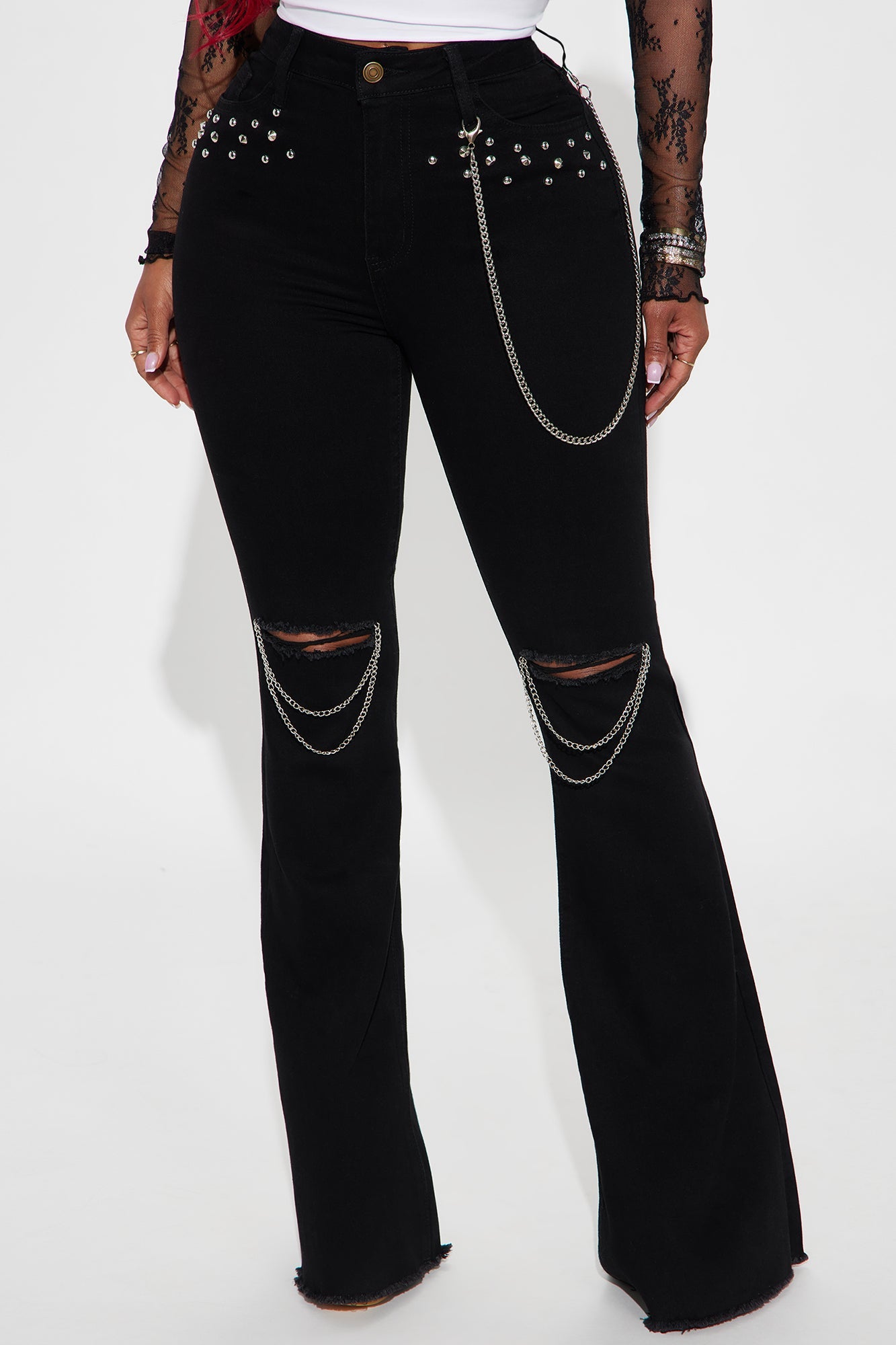 Word On The Streets Concert Chain Flare Jeans - Black