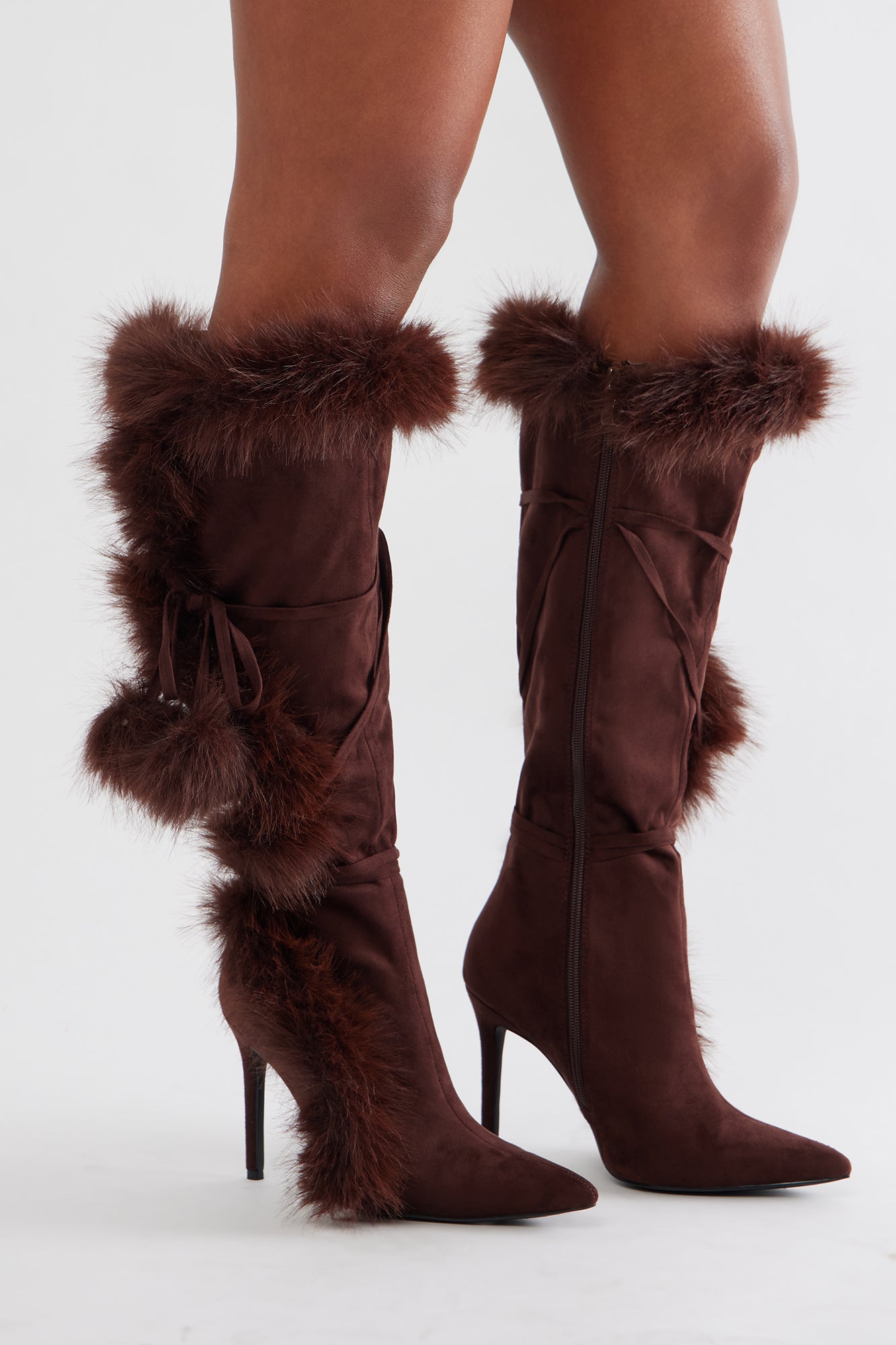 Signature Fur Trim Knee High Boots - Brown