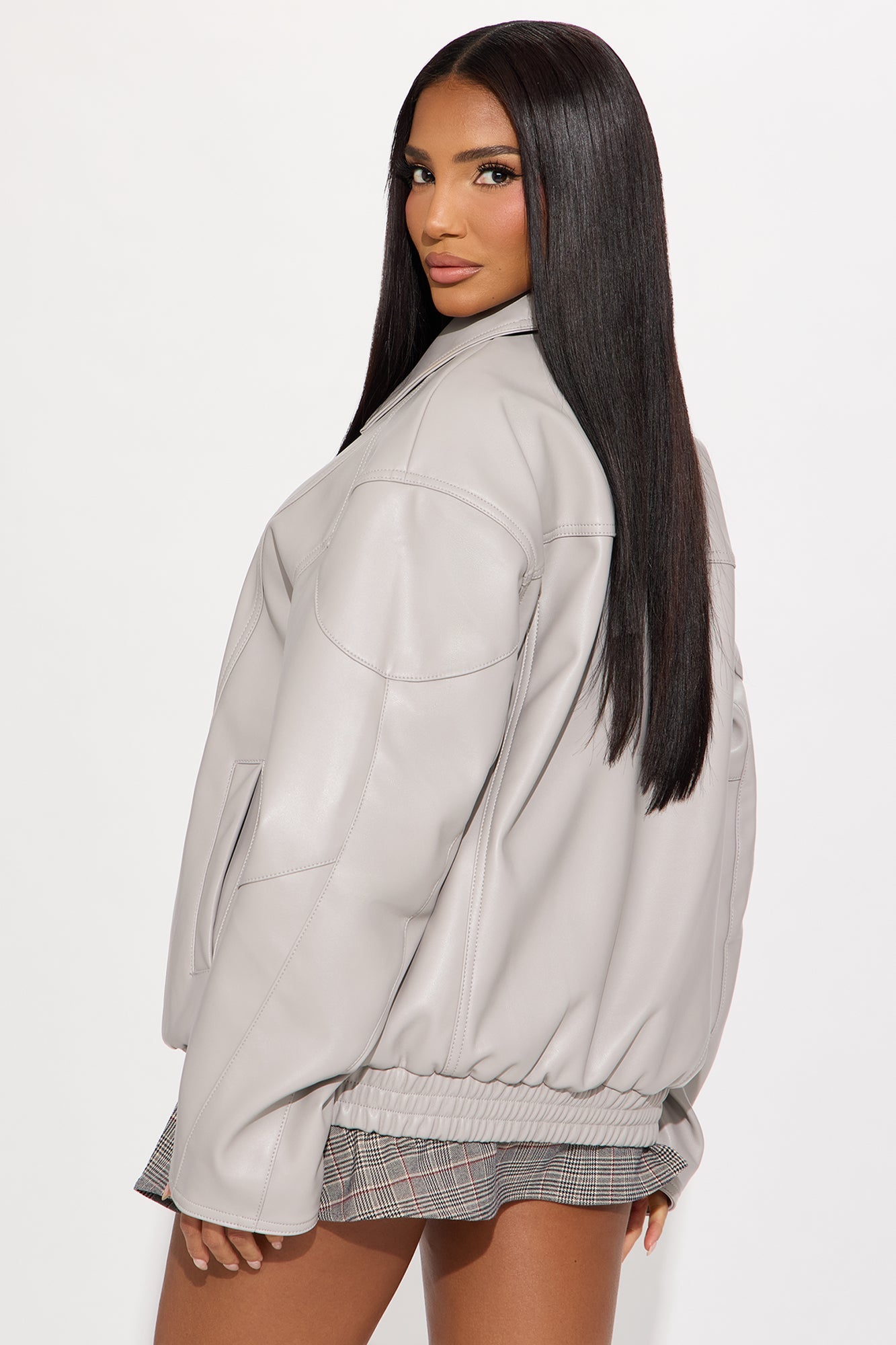 More To Come Faux Leather Bomber Jacket - Light Grey