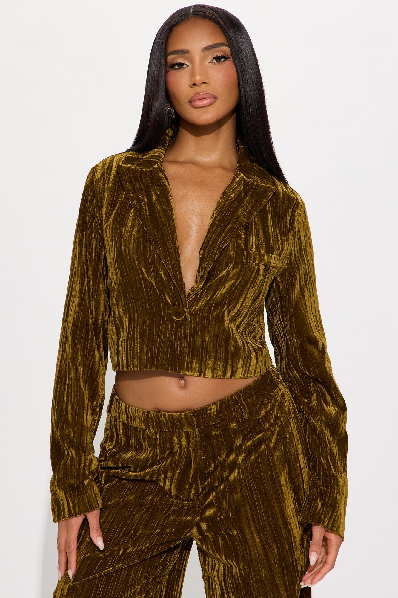 Keep You Wondering Cropped Velvet Blazer - Olive