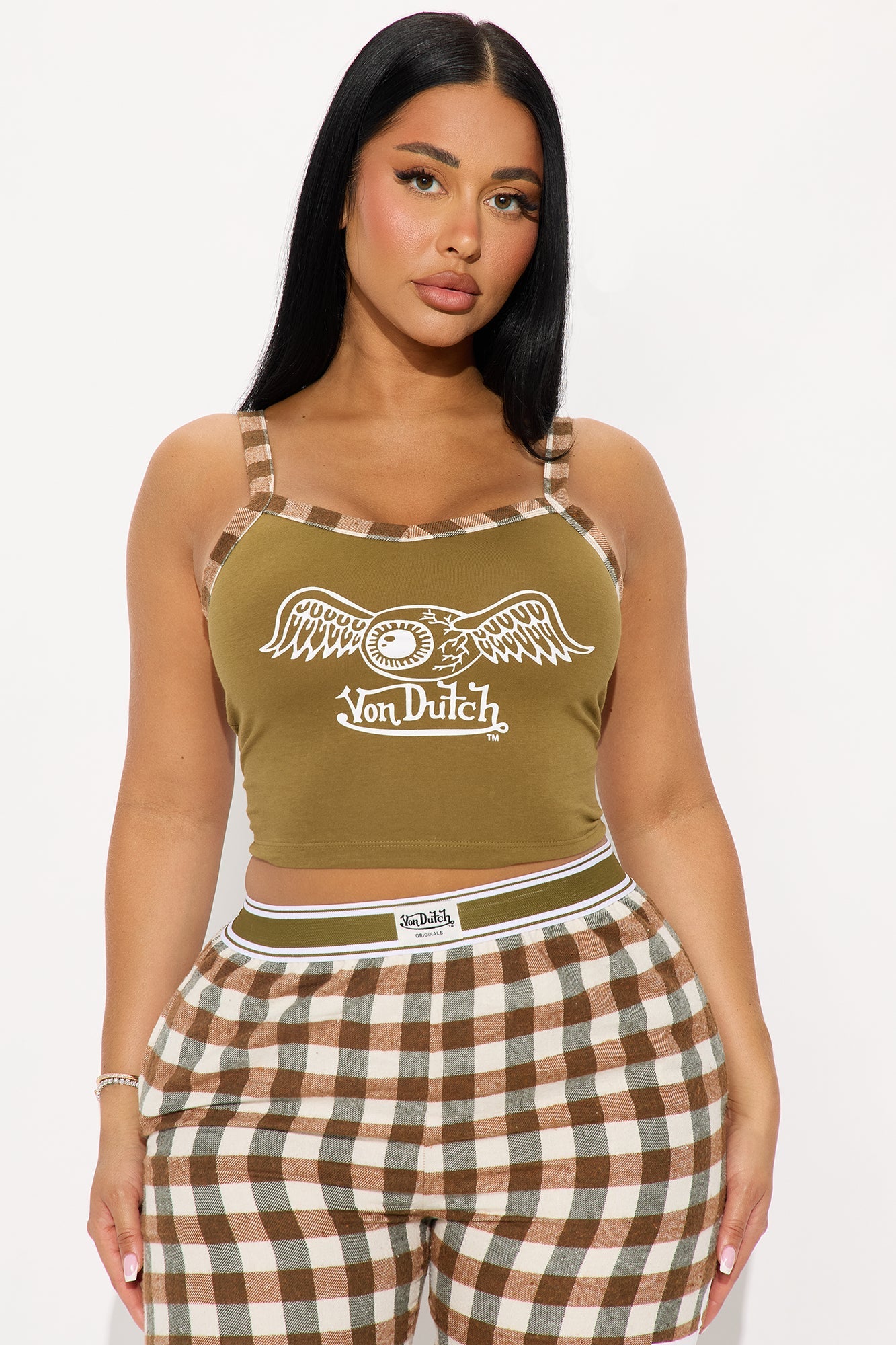 Von Dutch Cami PJ Flannel Boxer Pant Set - Olive/combo