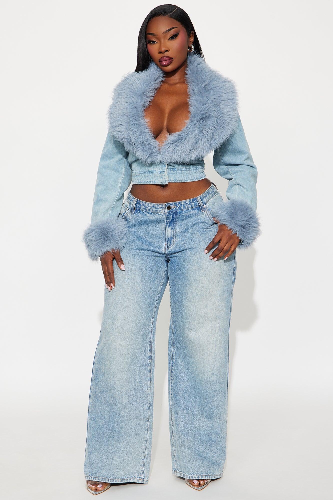 All For You Faux Fur Cropped Denim Jacket - Light Wash