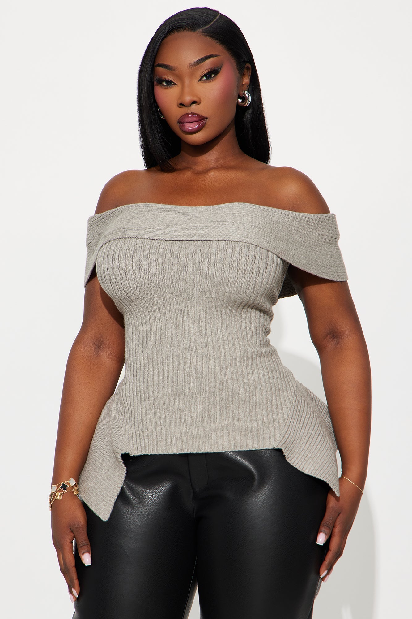 Always Snatched Ribbed Off Shoulder Sweater - Grey
