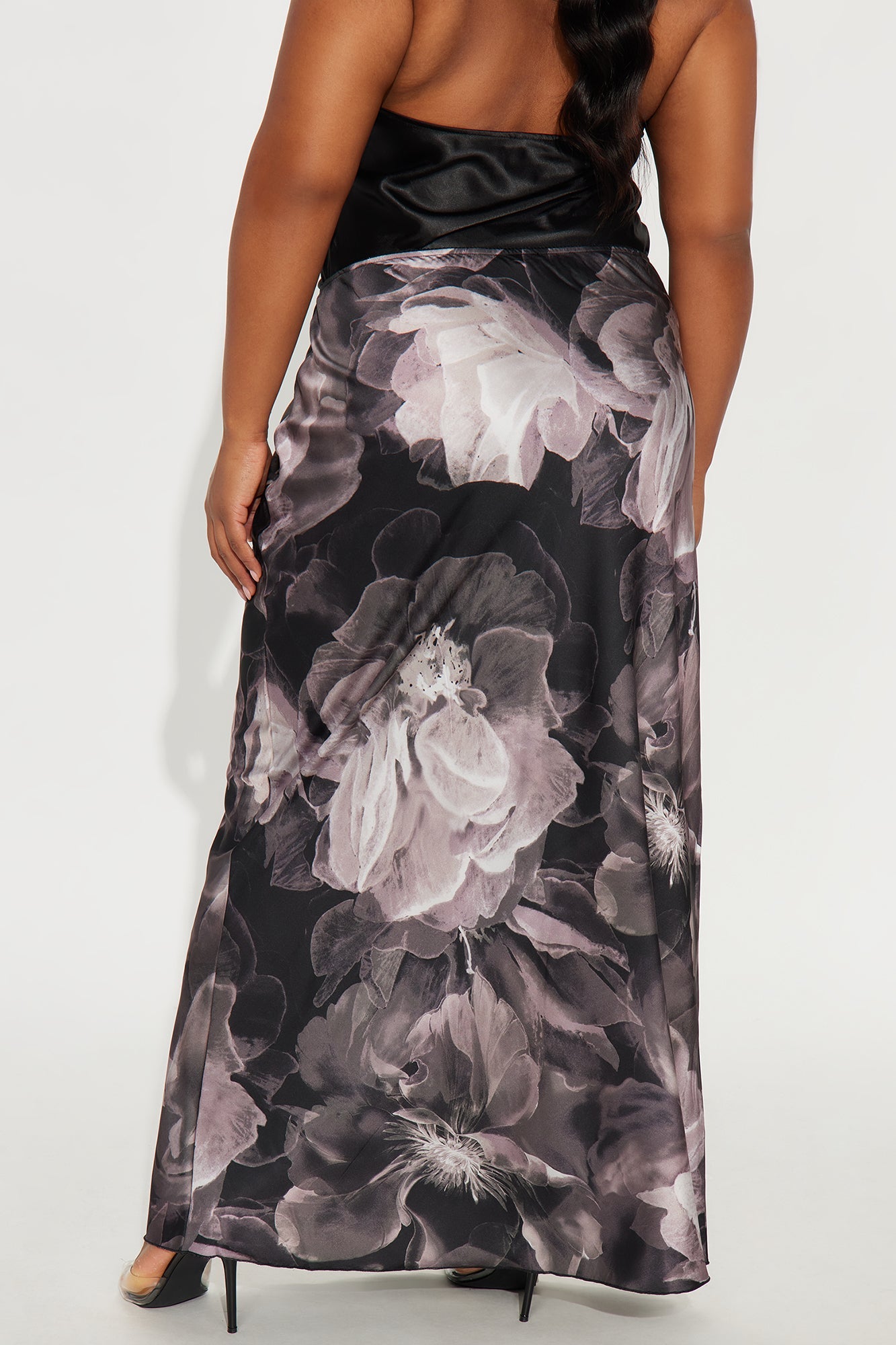 Bri Dark Floral Satin Maxi Skirt - Grey/combo