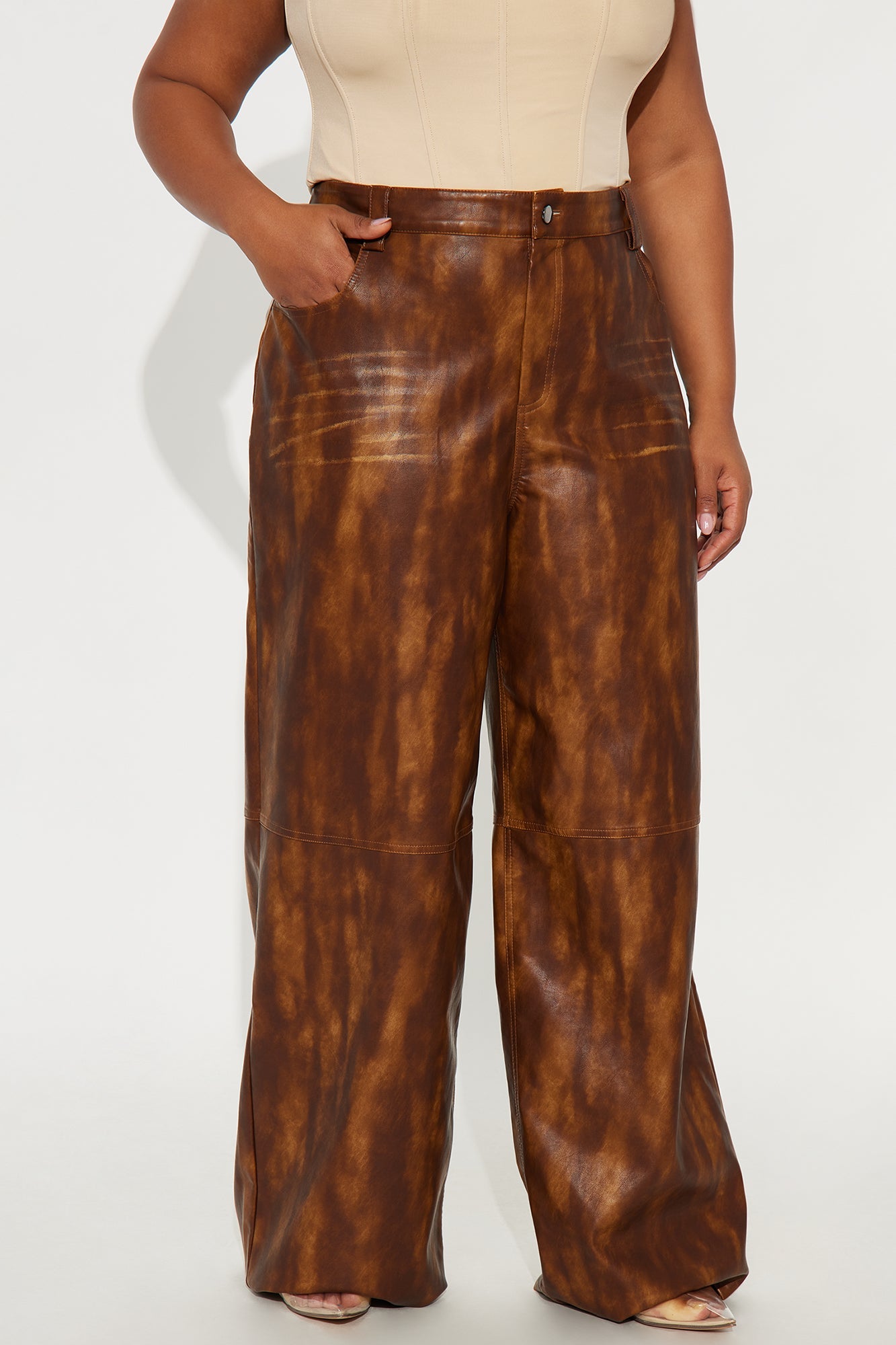 Adrienne Washed Faux Leather Wide Leg Pant 33 - Brown