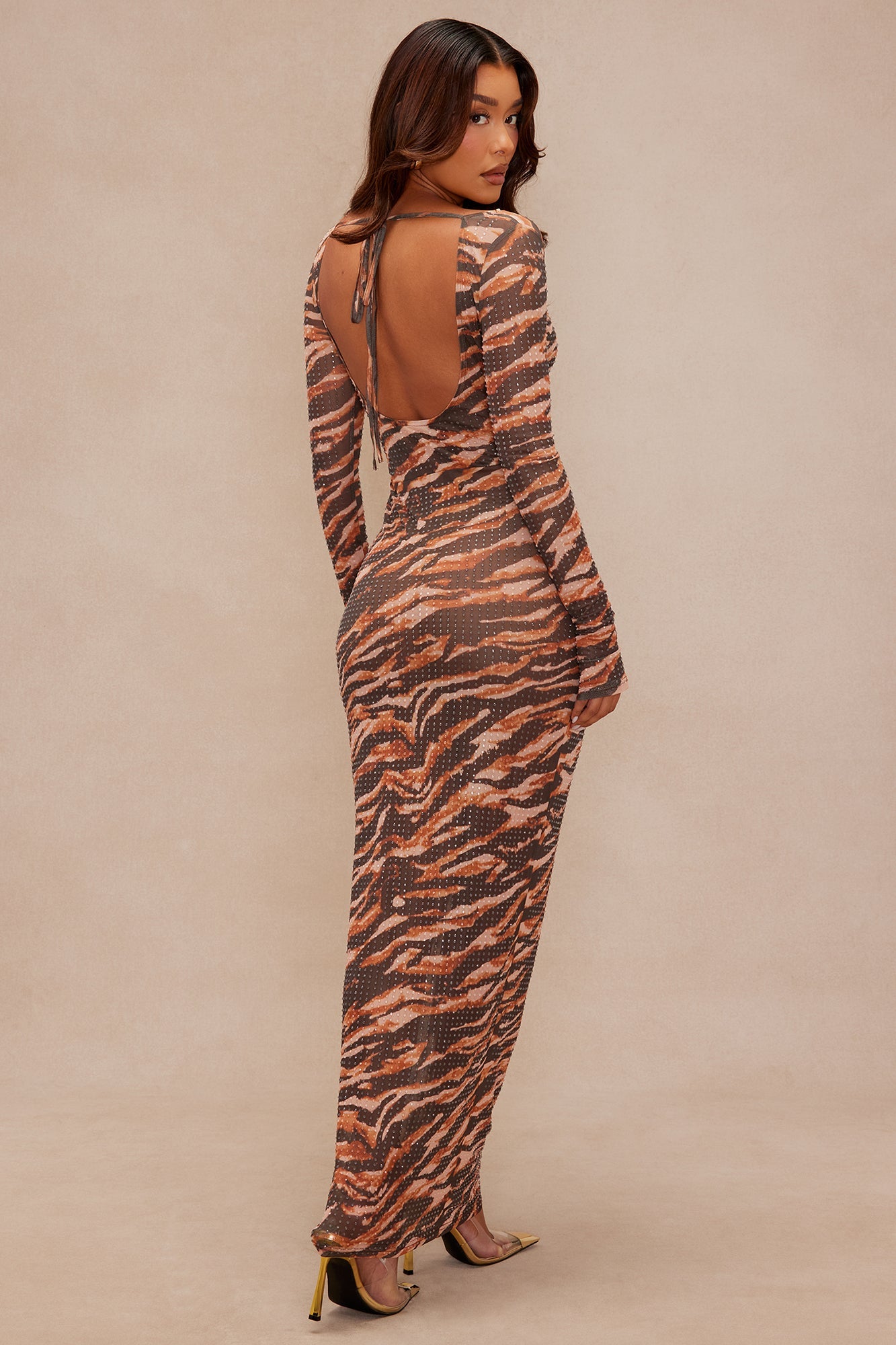 Alexis Rhinestone Long Sleeve Maxi Dress - Brown/combo