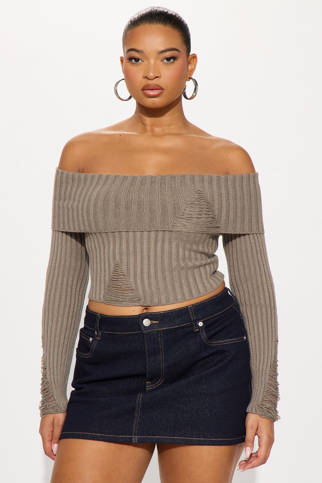 Manifest It Ribbed Off Shoulder Sweater - Olive