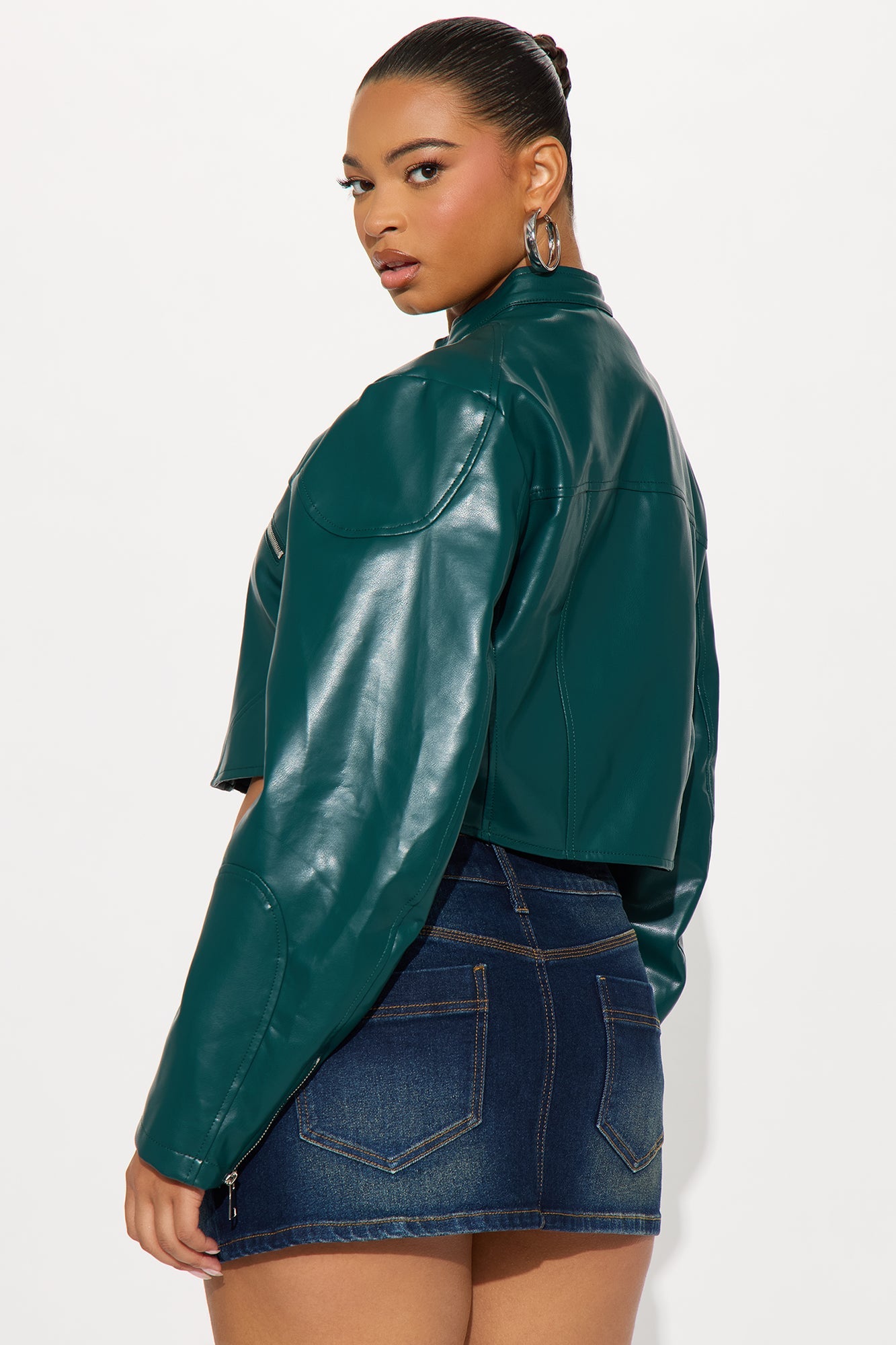 Mina Cropped Faux Leather Moto Jacket - Teal