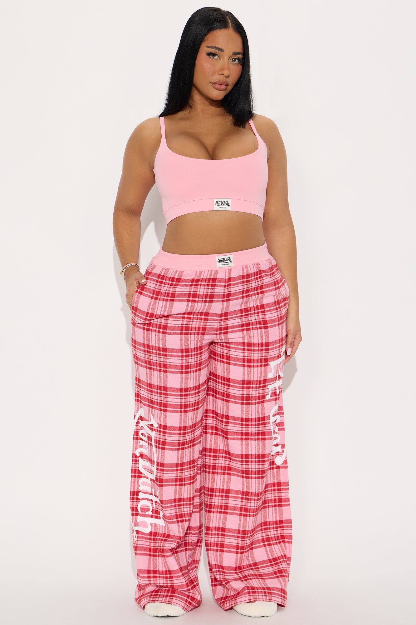 Von Dutch Cami Bralette PJ Flannel Boxer Pant Set - Pink/combo