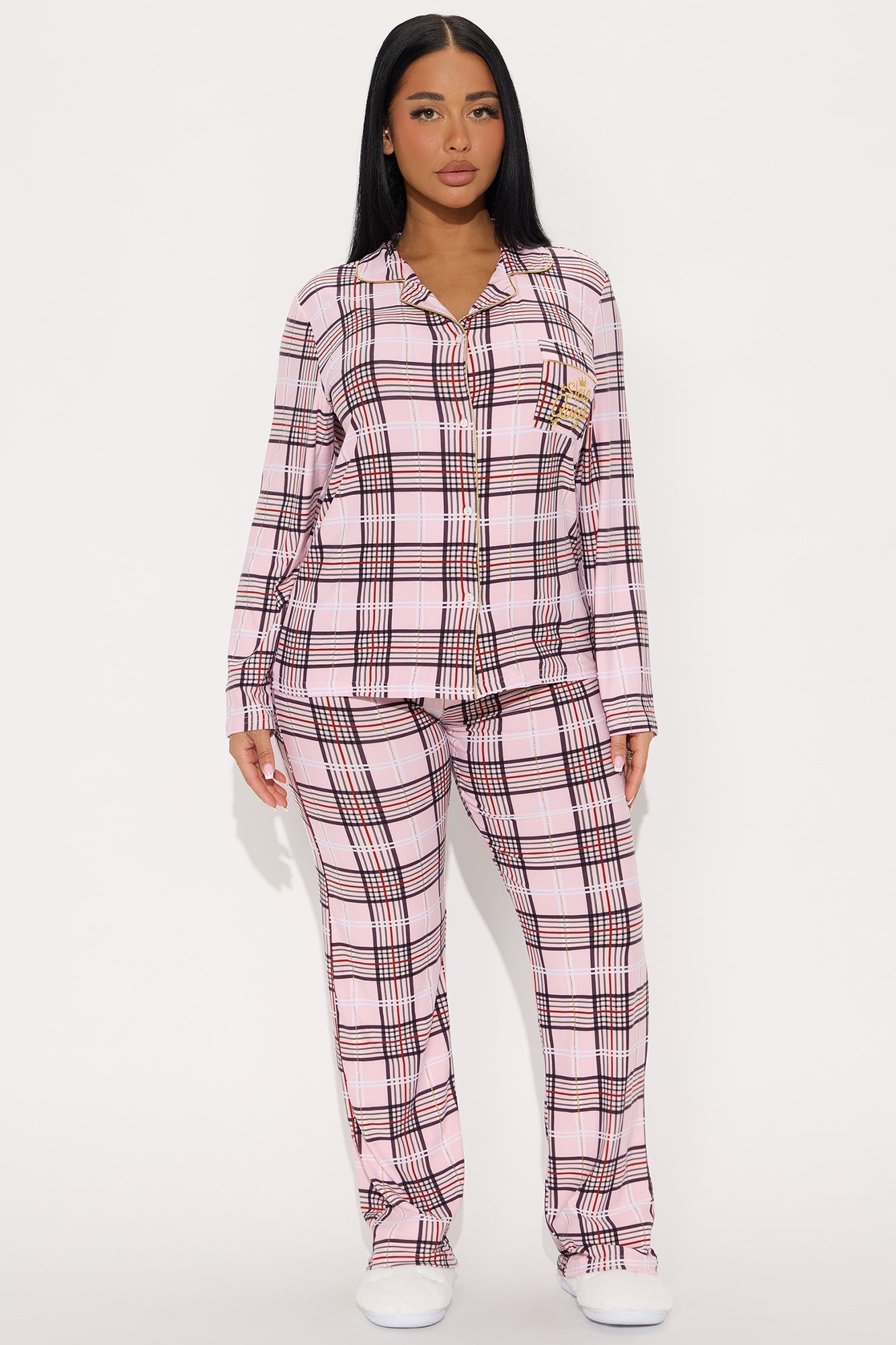 Sleepy Queen Embroidered Glitter Long Sleeve PJ Pant Set - Pink/combo