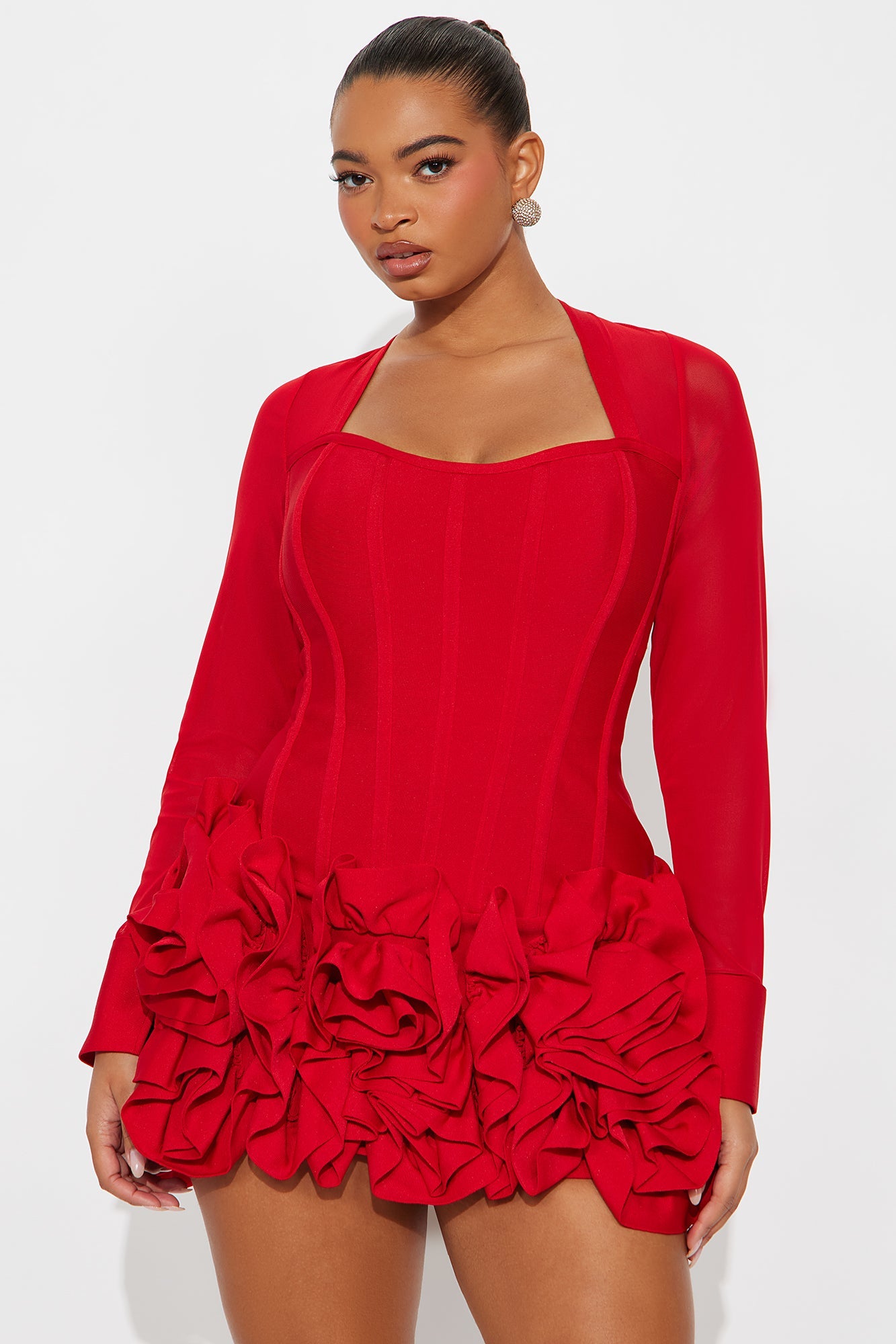 Blessed Beauty Long Sleeve Ruffle Rosette Bandage Mini Dress - Red