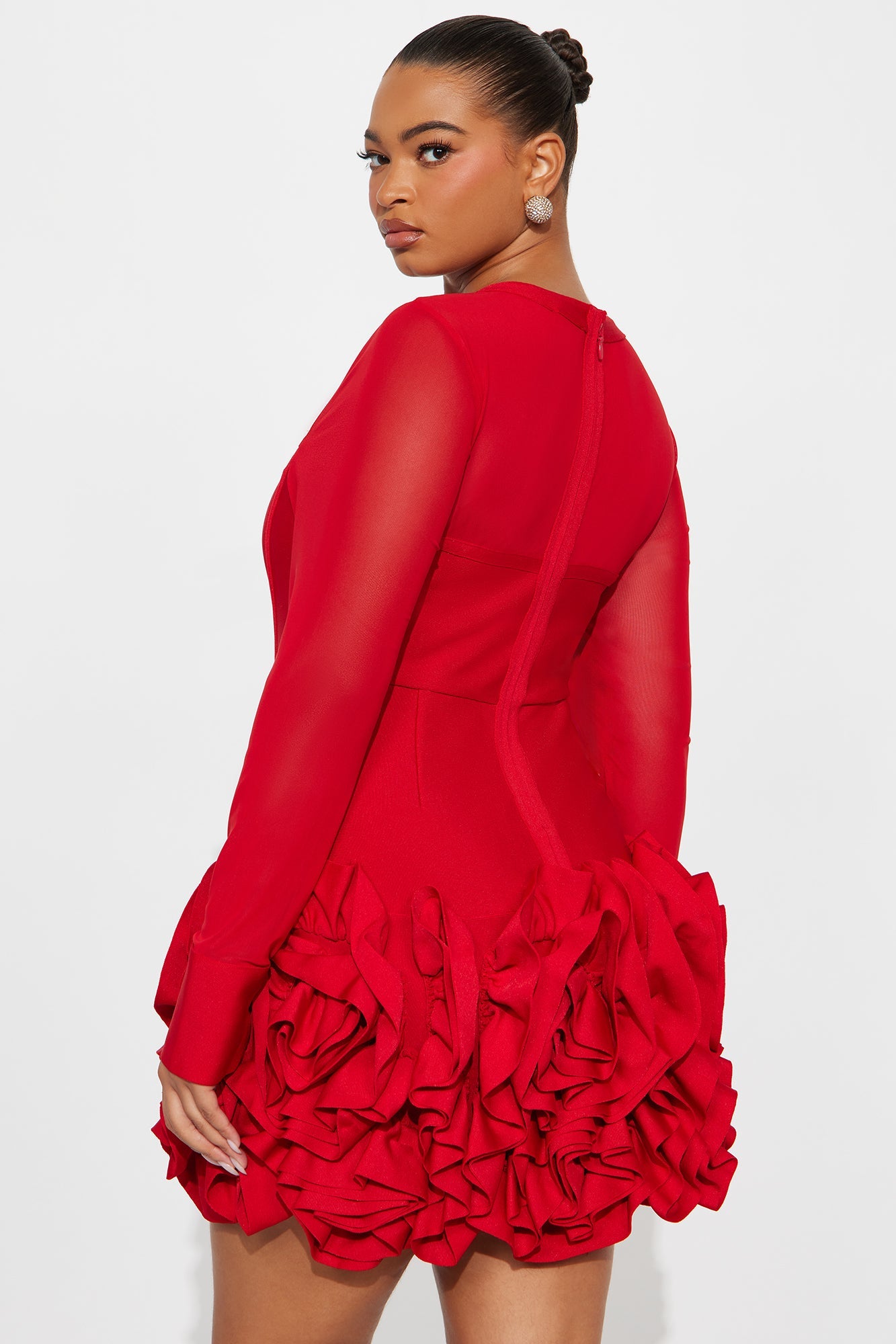 Blessed Beauty Long Sleeve Ruffle Rosette Bandage Mini Dress - Red