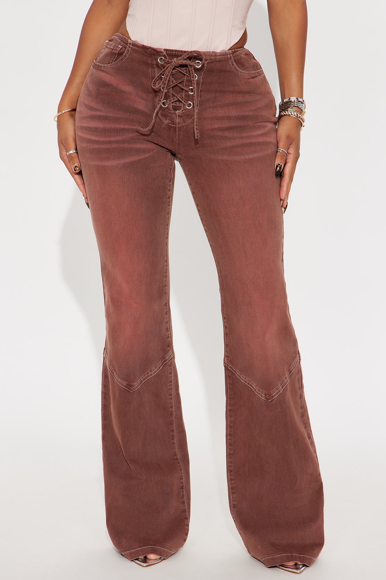 Born To Ride Lace Up Low Rise Flare Jeans - Brown