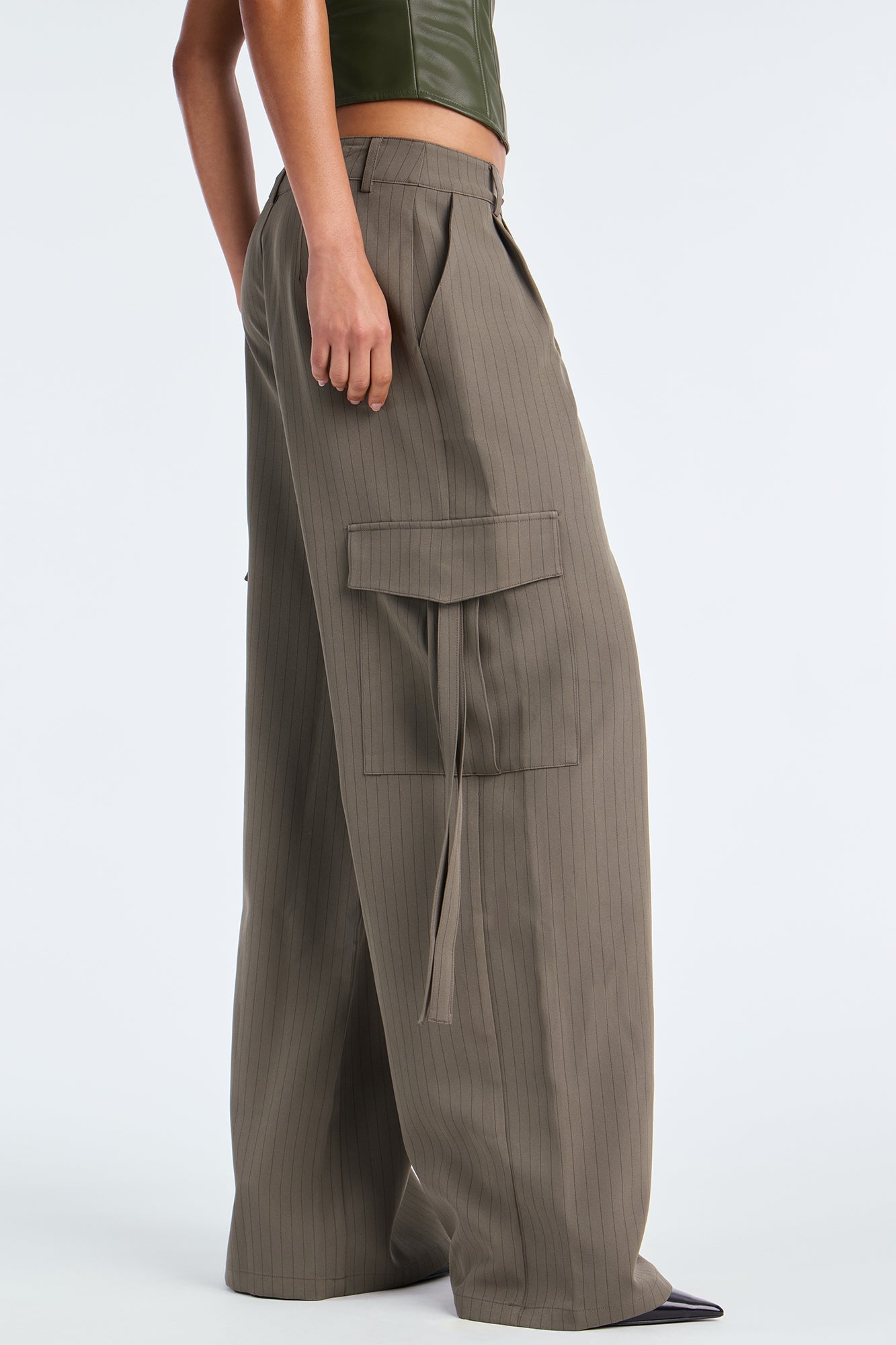 Atiya Pinstripe Wide Leg Cargo Pant 32″ - Olive