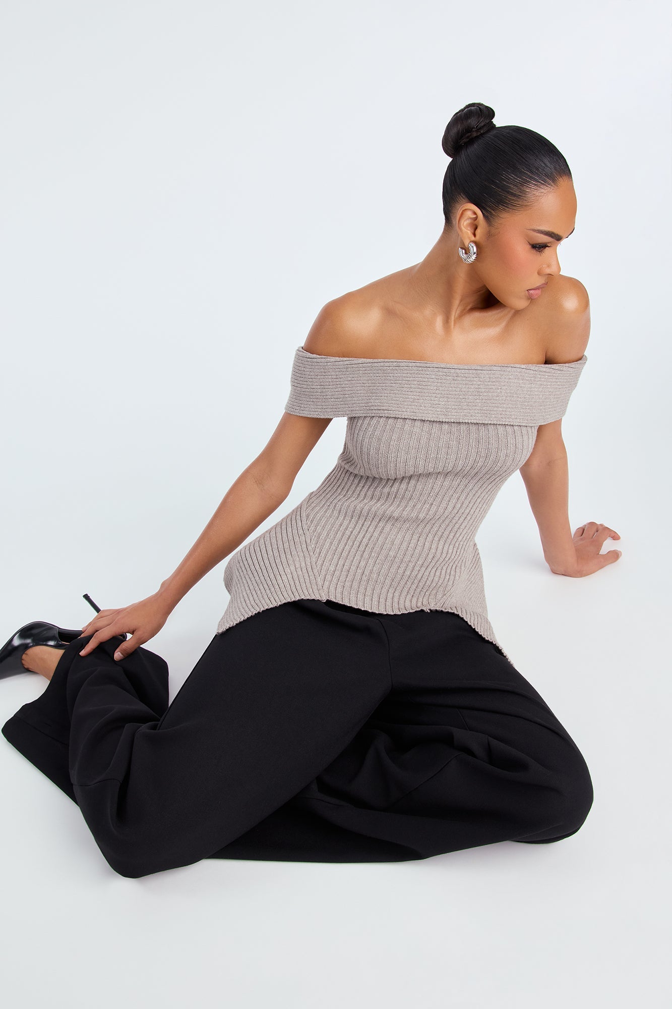 Always Snatched Ribbed Off Shoulder Sweater - Grey