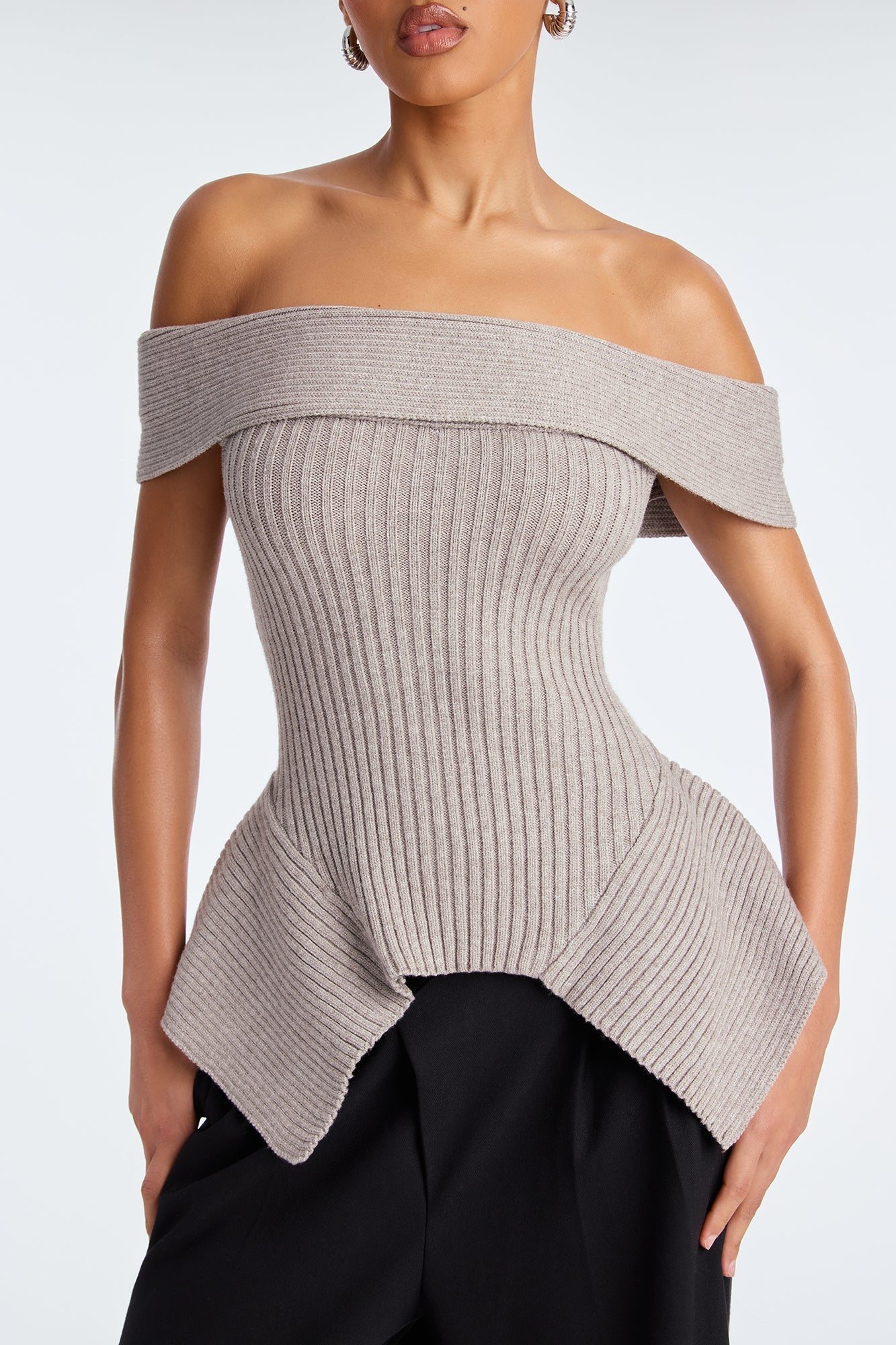 Always Snatched Ribbed Off Shoulder Sweater - Grey