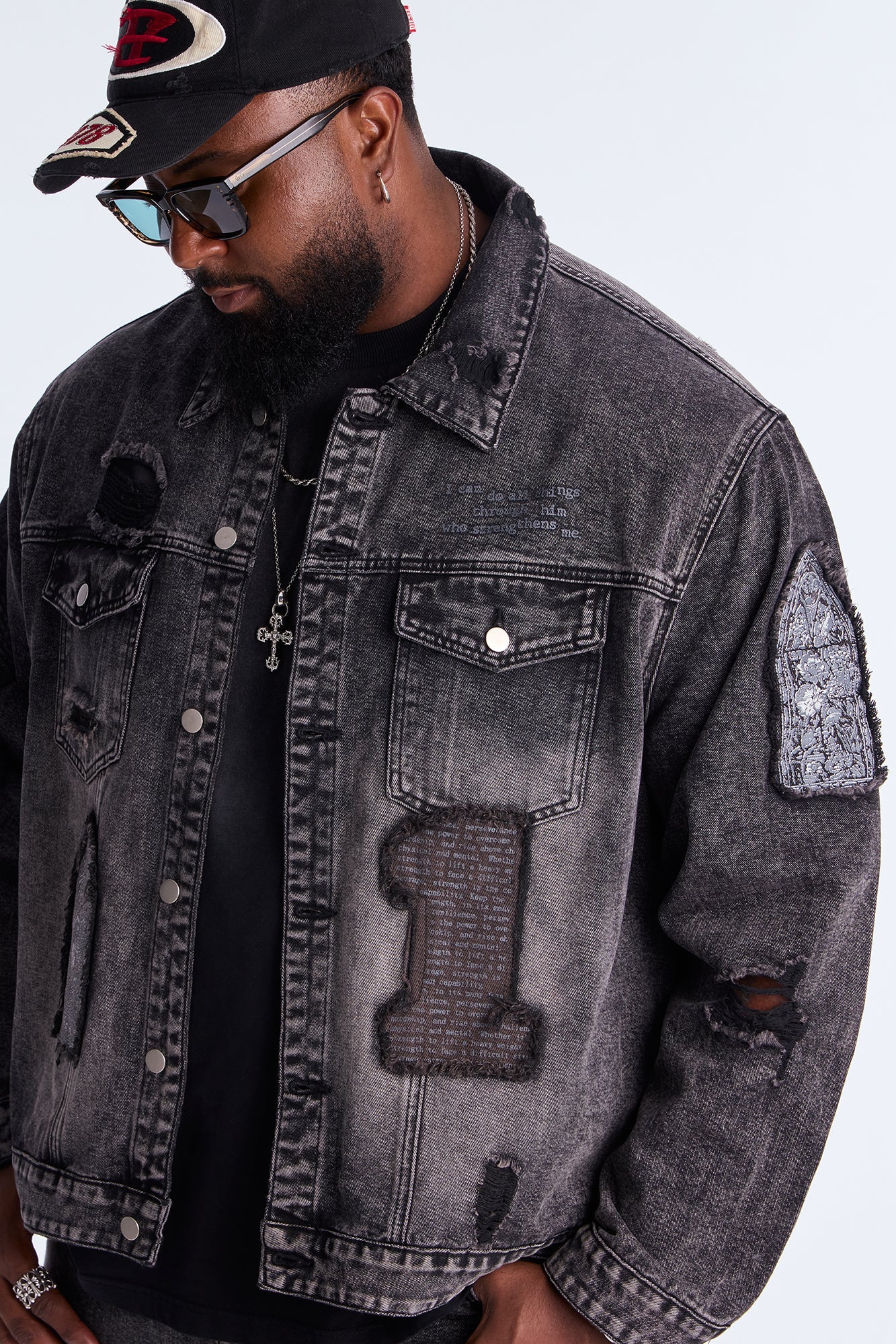 In Due Time Patched Distressed Denim Trucker Jacket - Black Wash