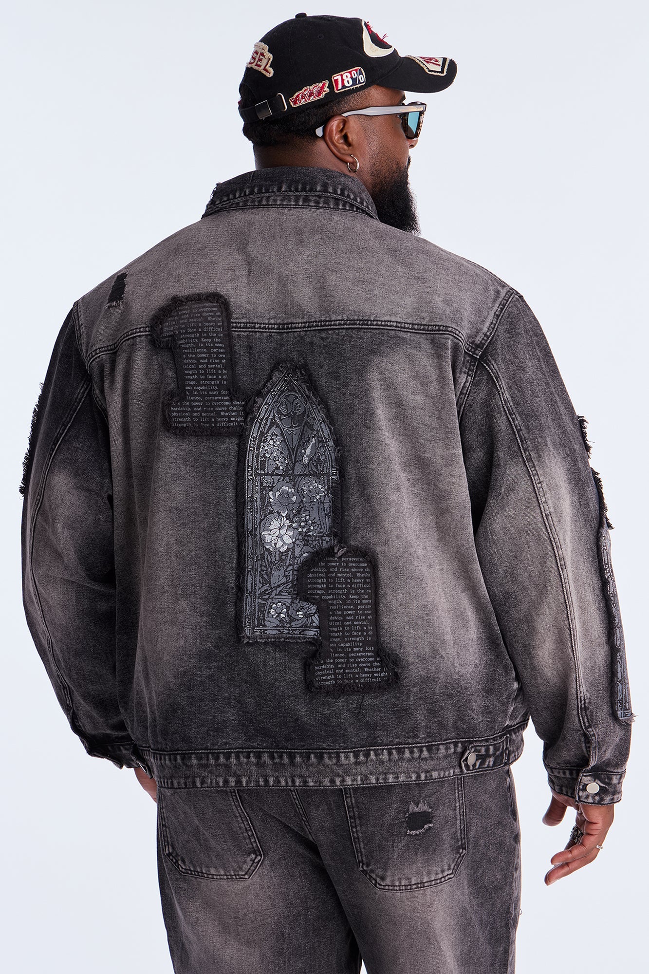 In Due Time Patched Distressed Denim Trucker Jacket - Black Wash
