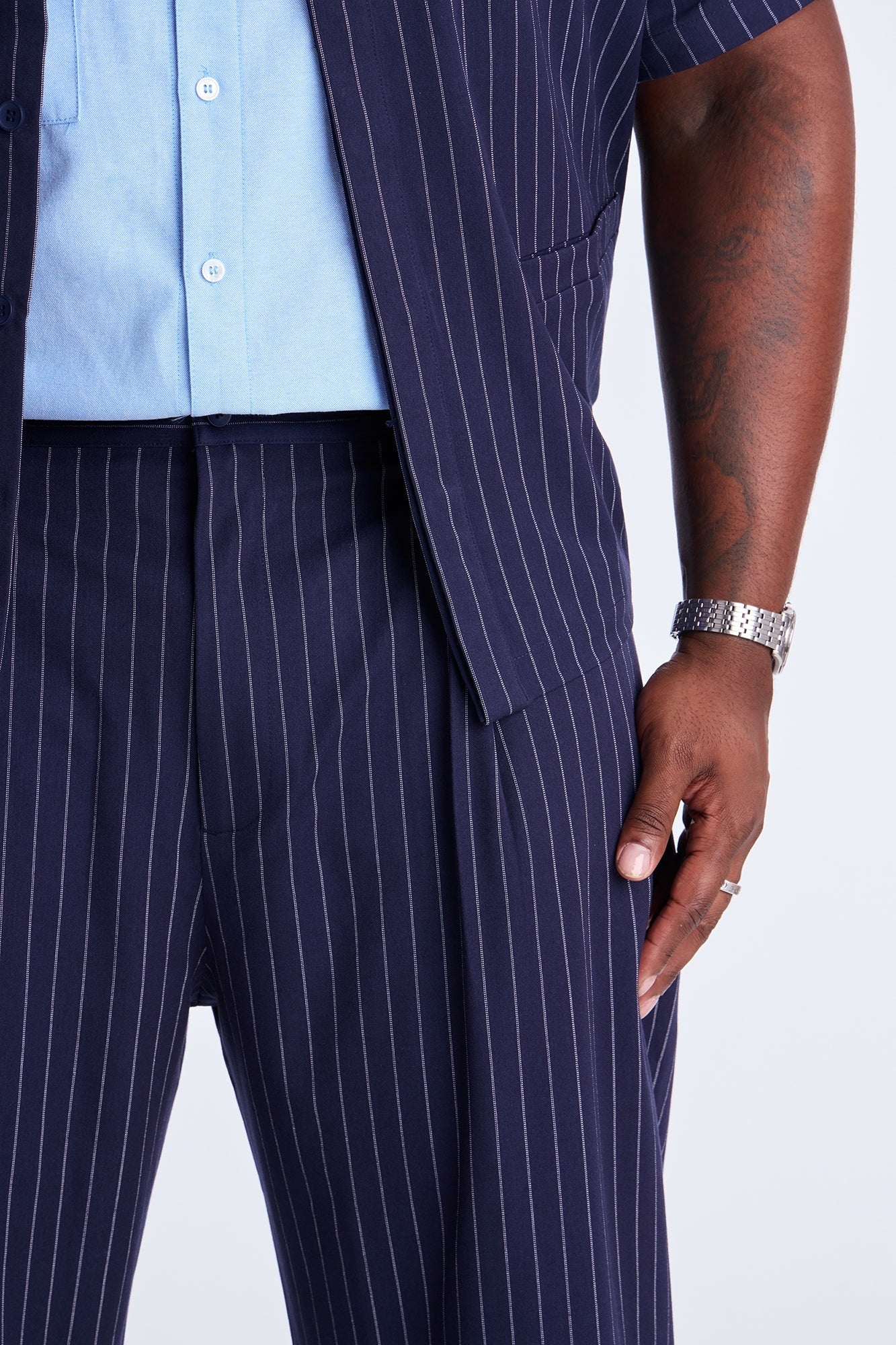 Wide Leg Straight Striped Double Pleated Trouser - Navy