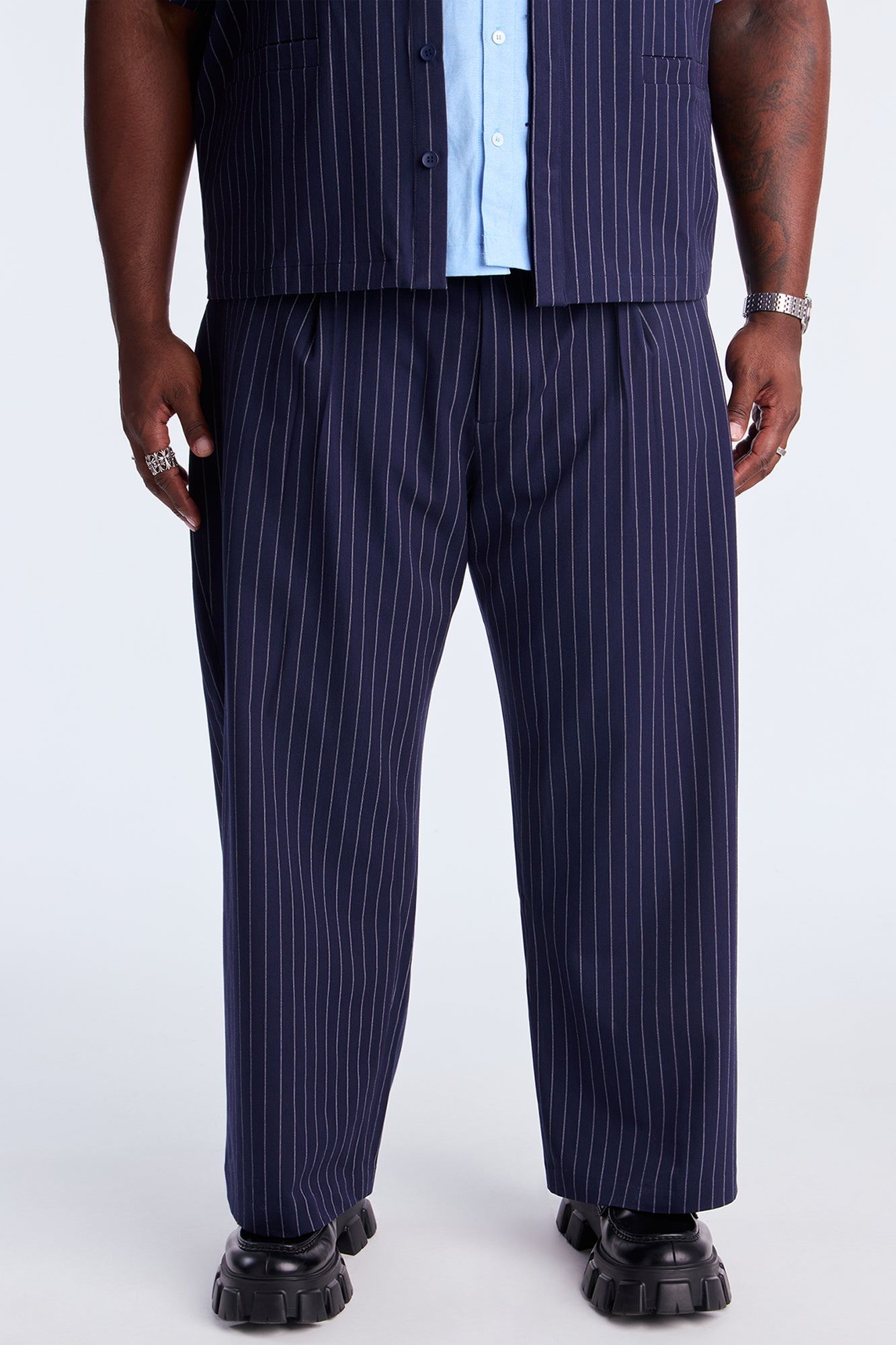 Wide Leg Straight Striped Double Pleated Trouser - Navy