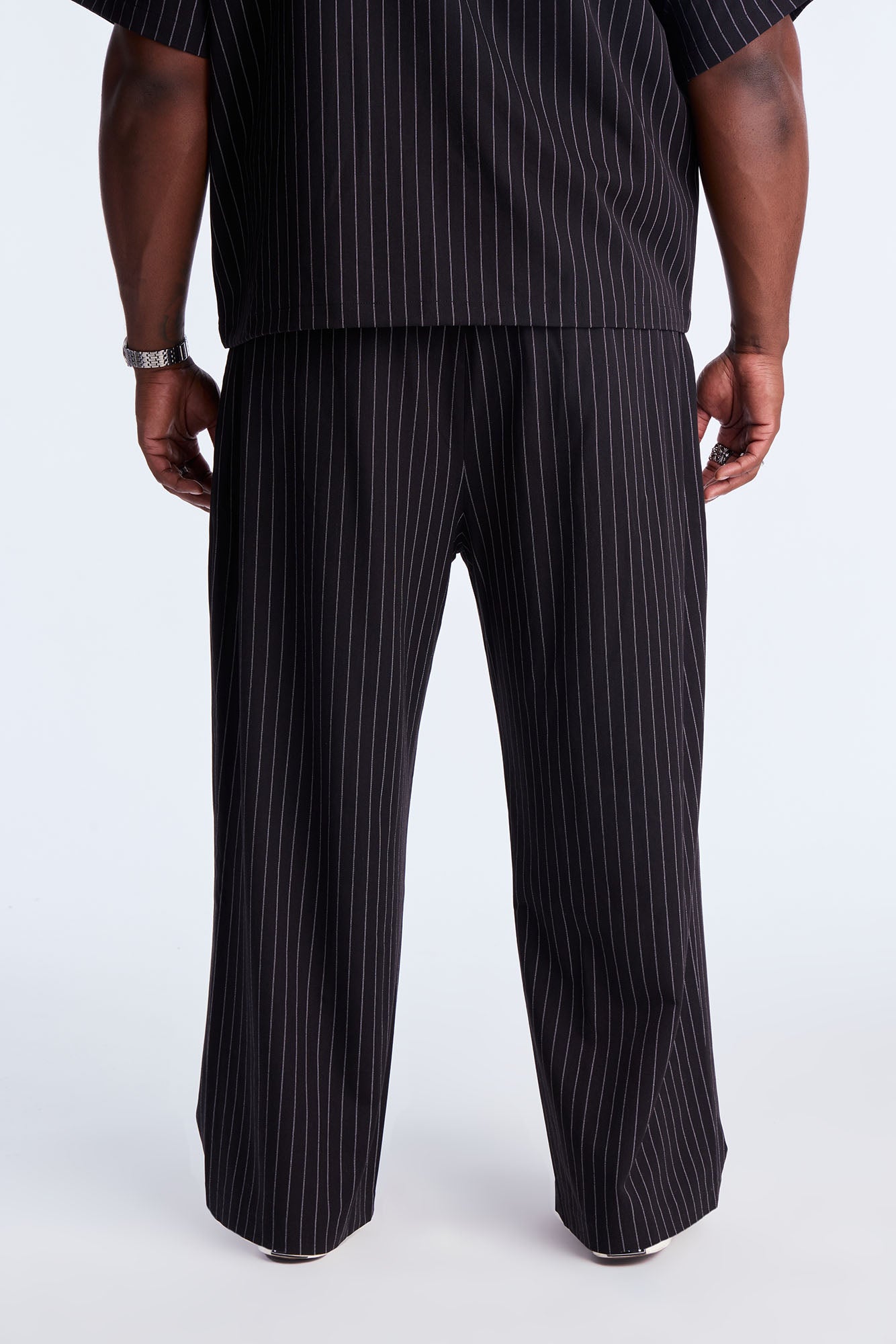 Wide Leg Straight Striped Double Pleated Trouser - Black