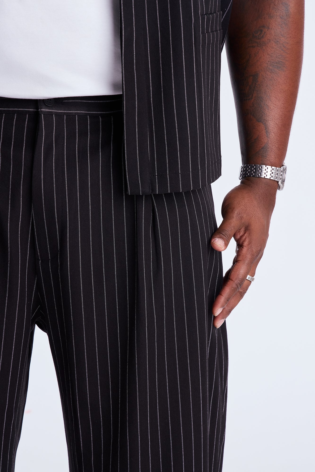 Wide Leg Straight Striped Double Pleated Trouser - Black