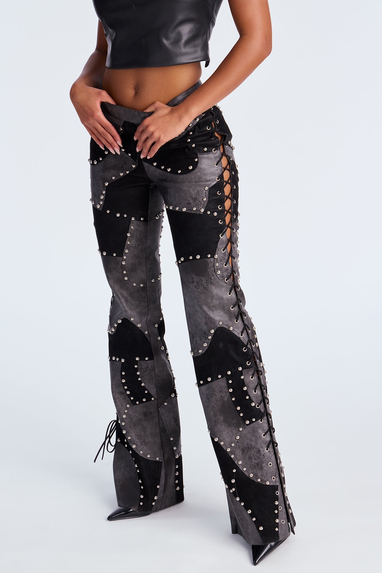 Night Claw Faux Leather Patchwork Flare Pants - Black/Smoke