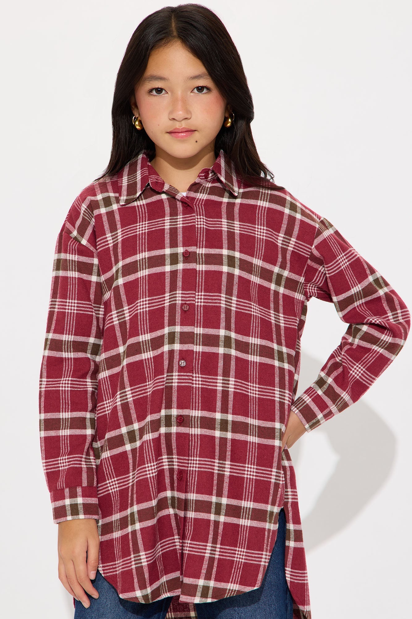 Mini Call It Even Over Sized Plaid Top - Burgundy/combo