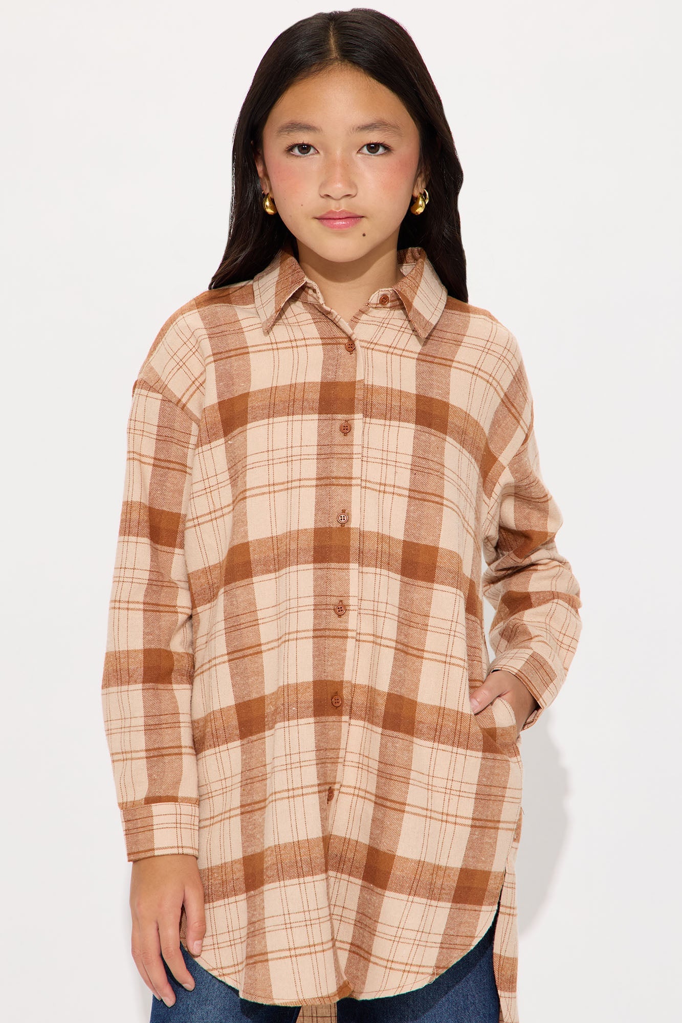 Mini Call It Even Over Sized Plaid Top - Brown/combo