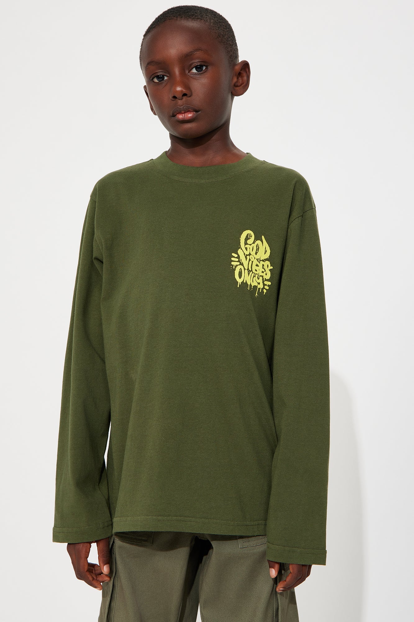 Mini Spray Can Good Vibes Only Front/Back Long Sleeve Tee - Dark Olive