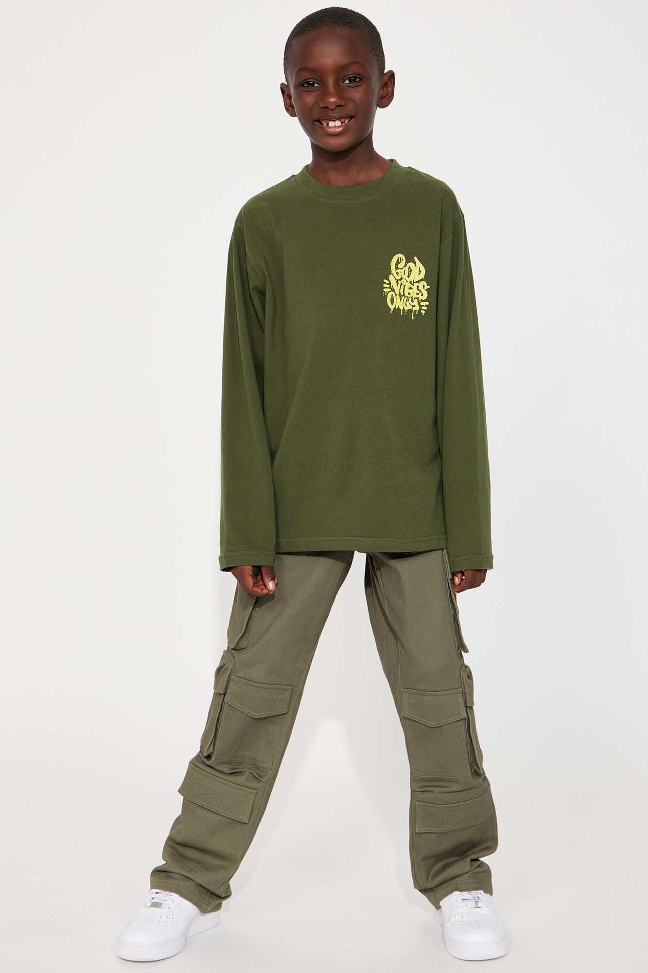 Mini Spray Can Good Vibes Only Front/Back Long Sleeve Tee - Dark Olive