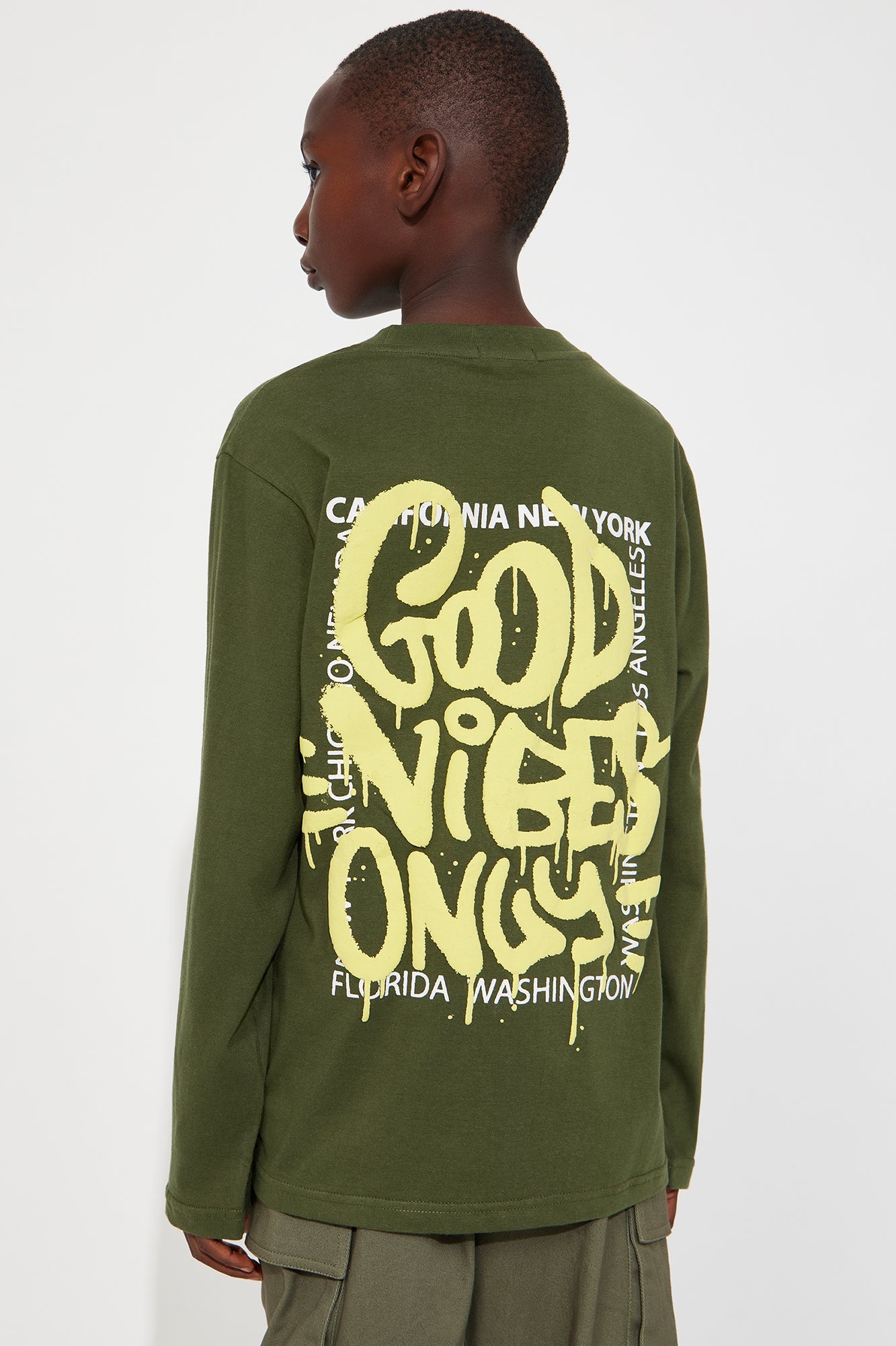 Mini Spray Can Good Vibes Only Front/Back Long Sleeve Tee - Dark Olive