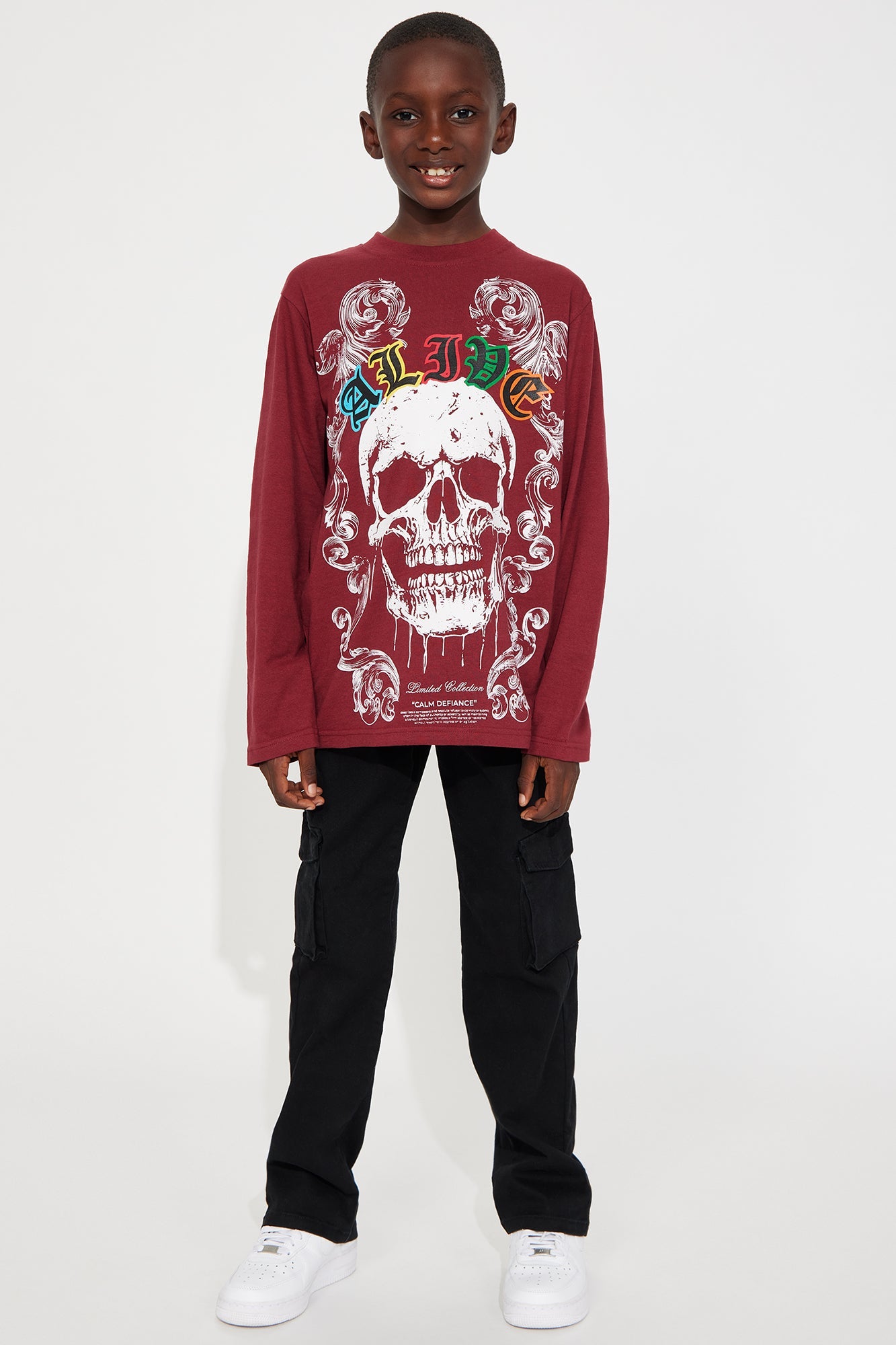 Mini Skull Front & Back Screen Long Sleeve Tee - Burgundy