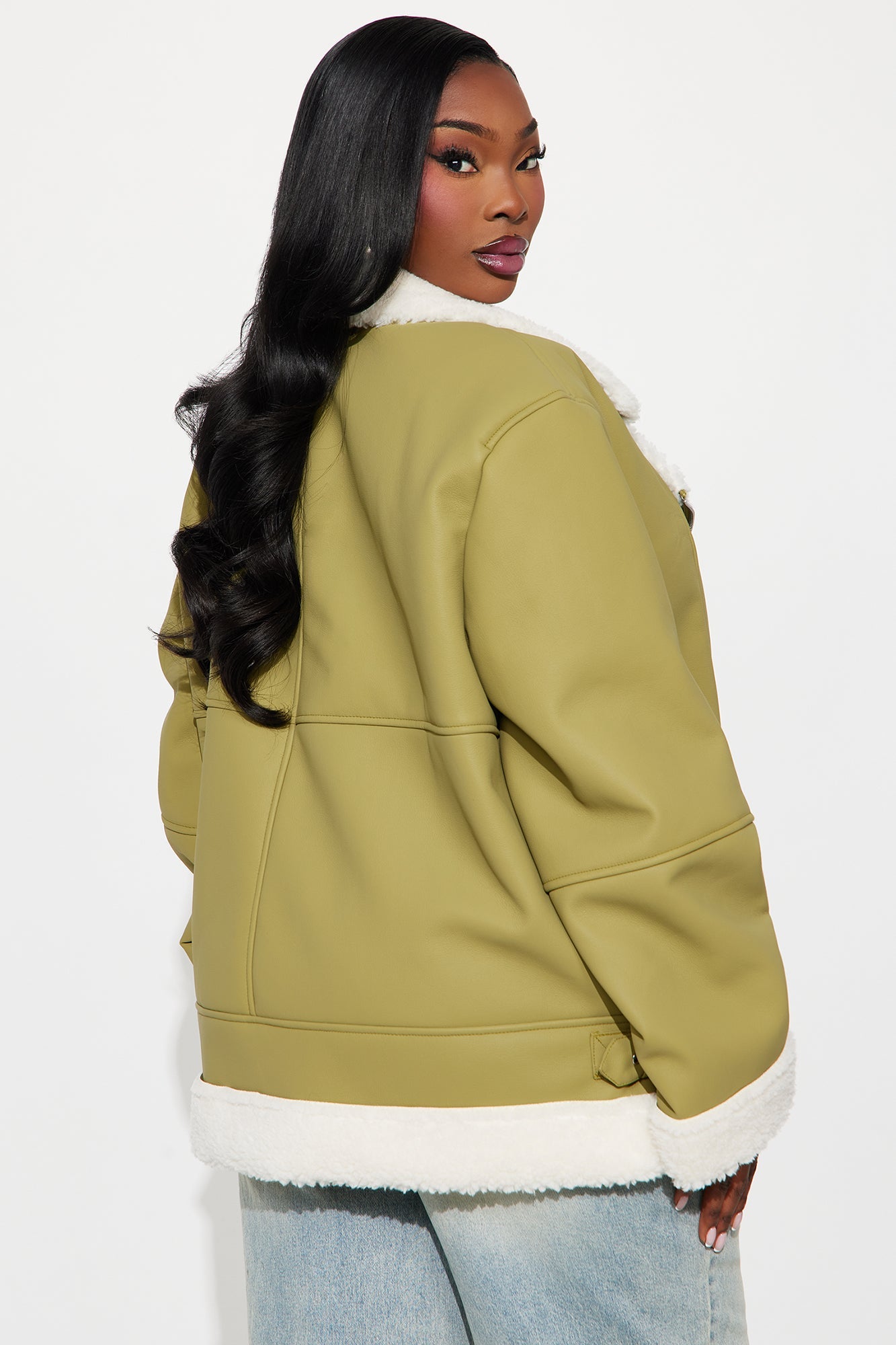 Simone Faux Leather Fur Lined Moto Jacket - Olive