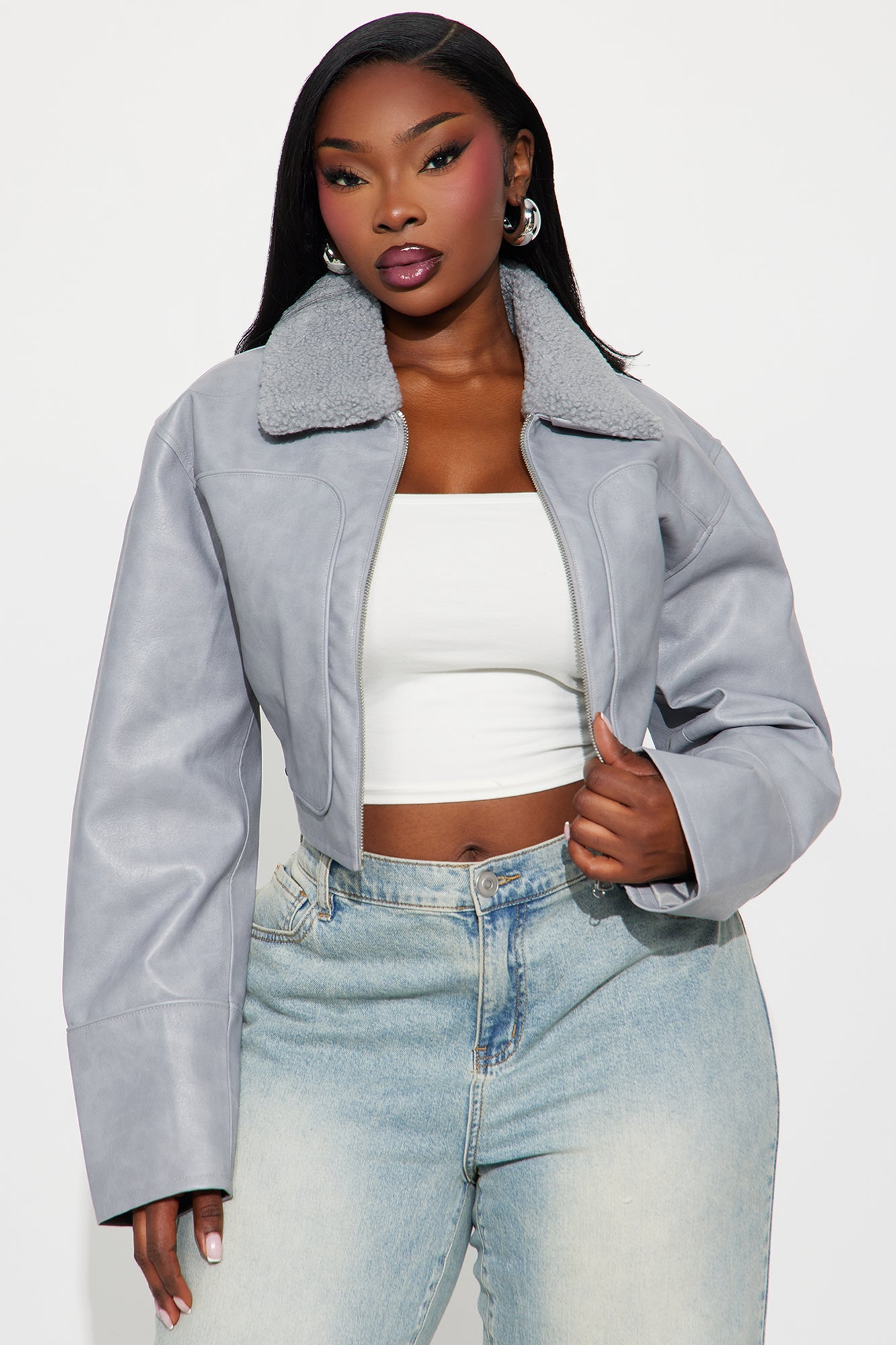 Fly High Faux Leather Cropped Jacket - Grey