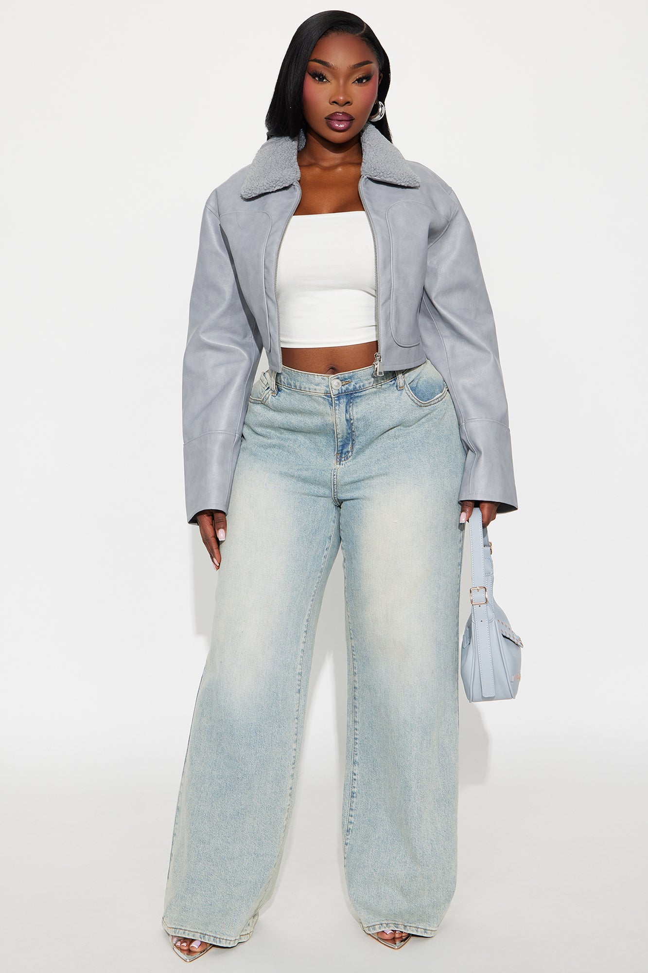 Fly High Faux Leather Cropped Jacket - Grey