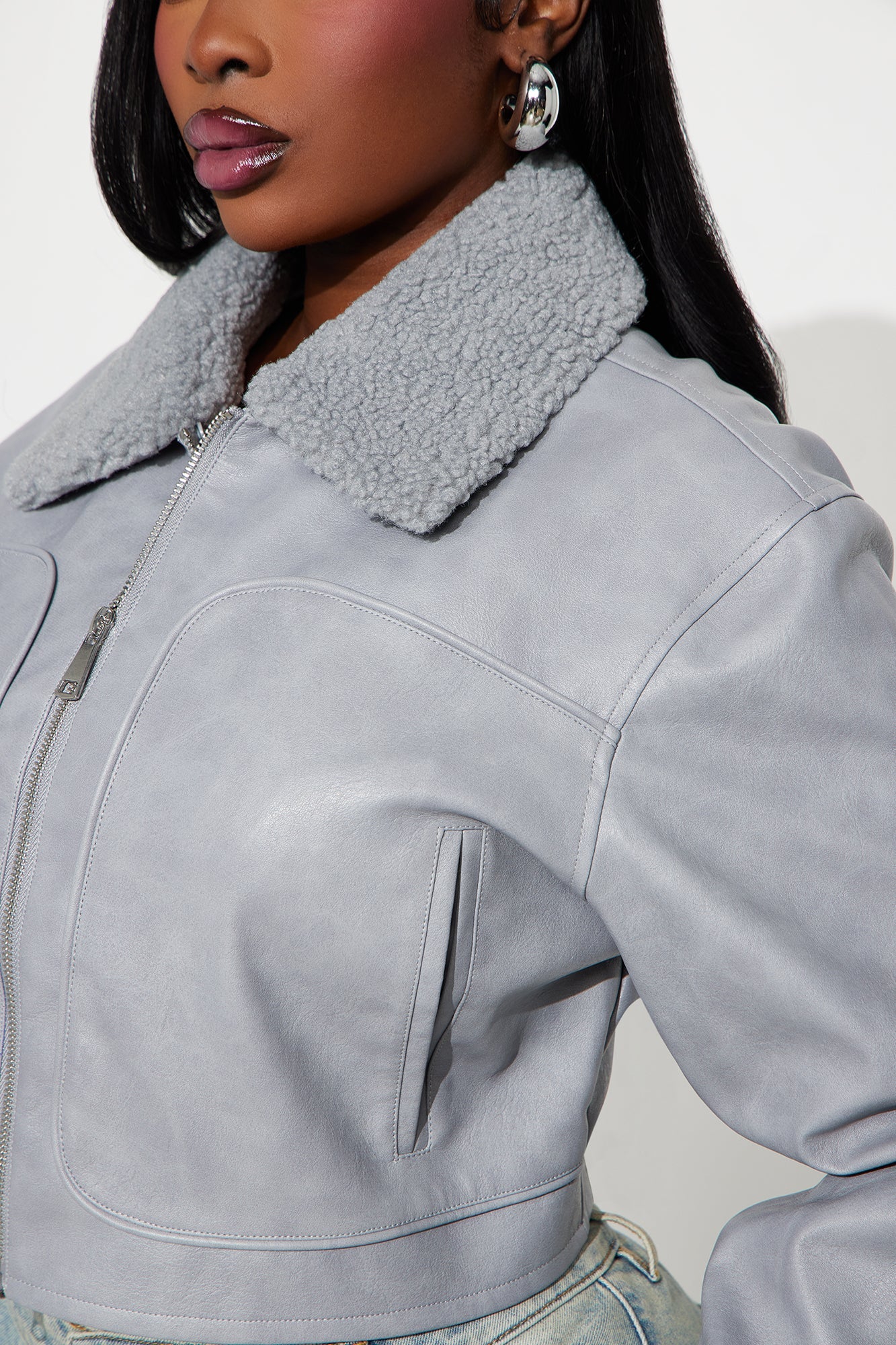 Fly High Faux Leather Cropped Jacket - Grey
