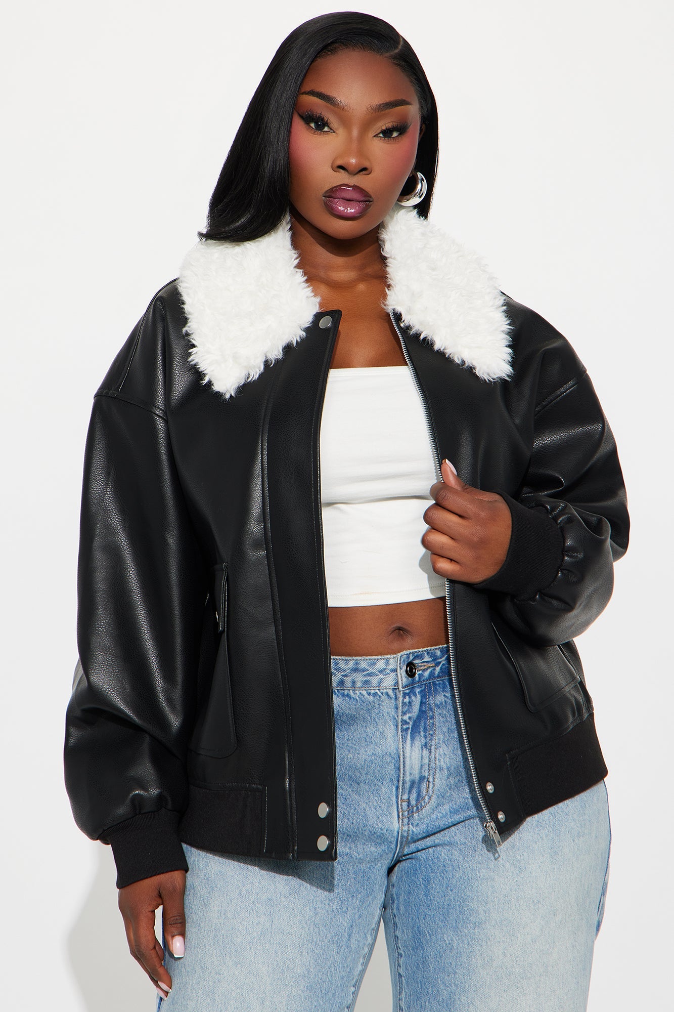 Mia Faux Leather Fur Bomber Jacket - Black