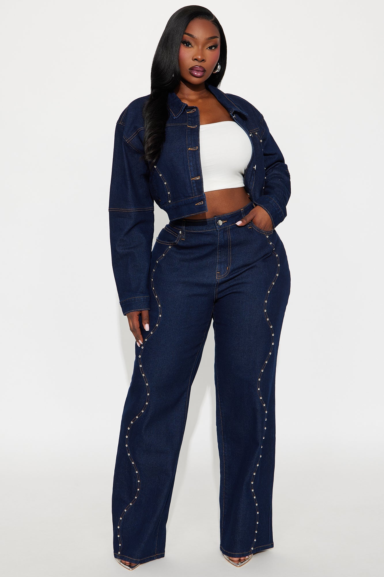 In Waves Studded Straight Leg Jeans - Dark Wash
