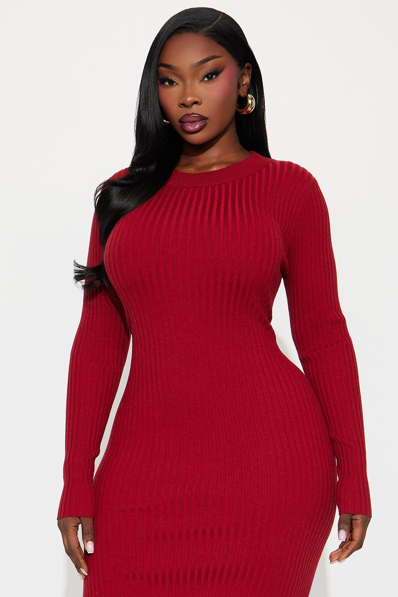 Rare Catch Long Sleeve Ribbed Midi Dress - Wine