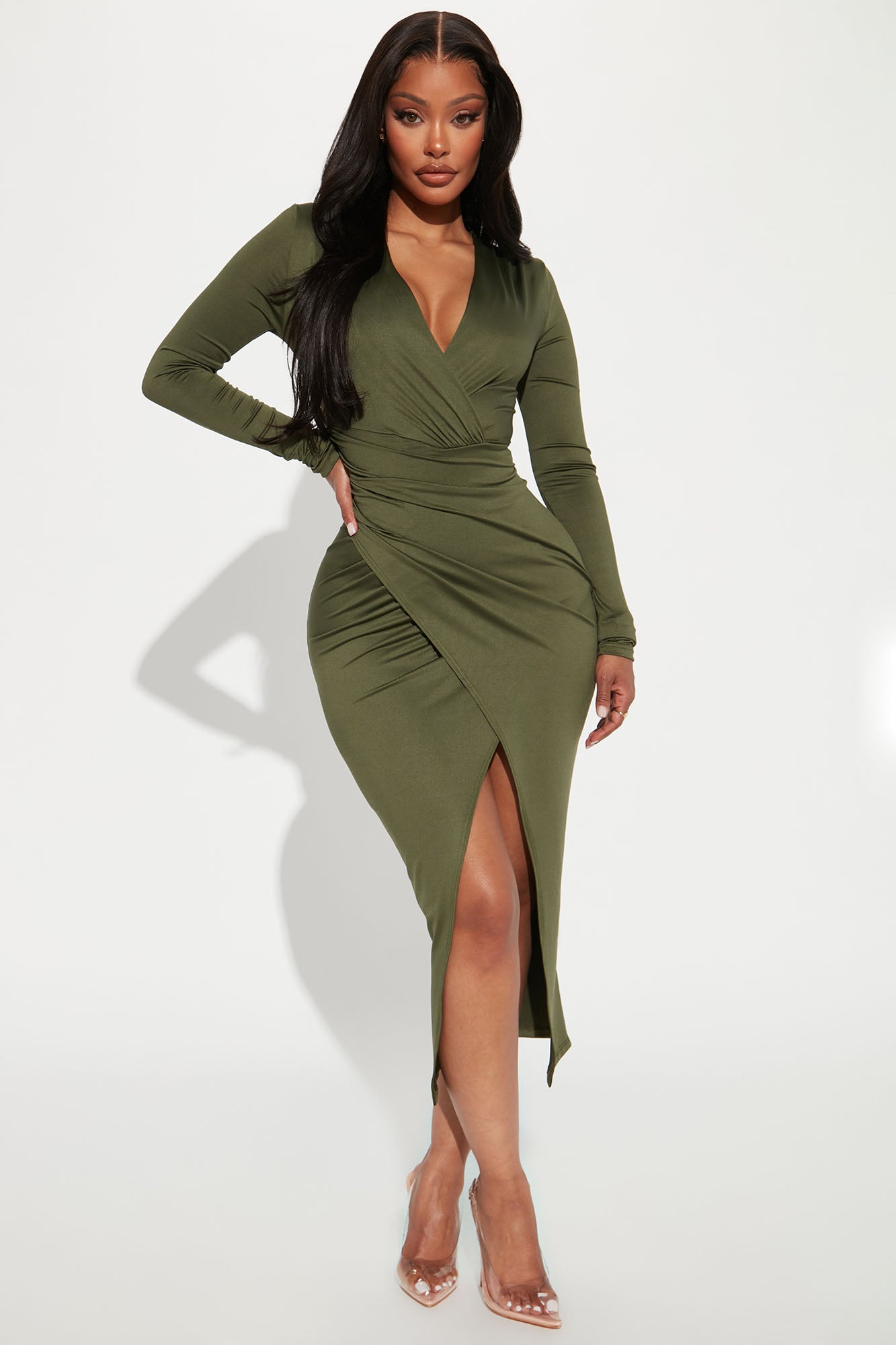 Eyes On Me Ruched Midi Dress - Olive