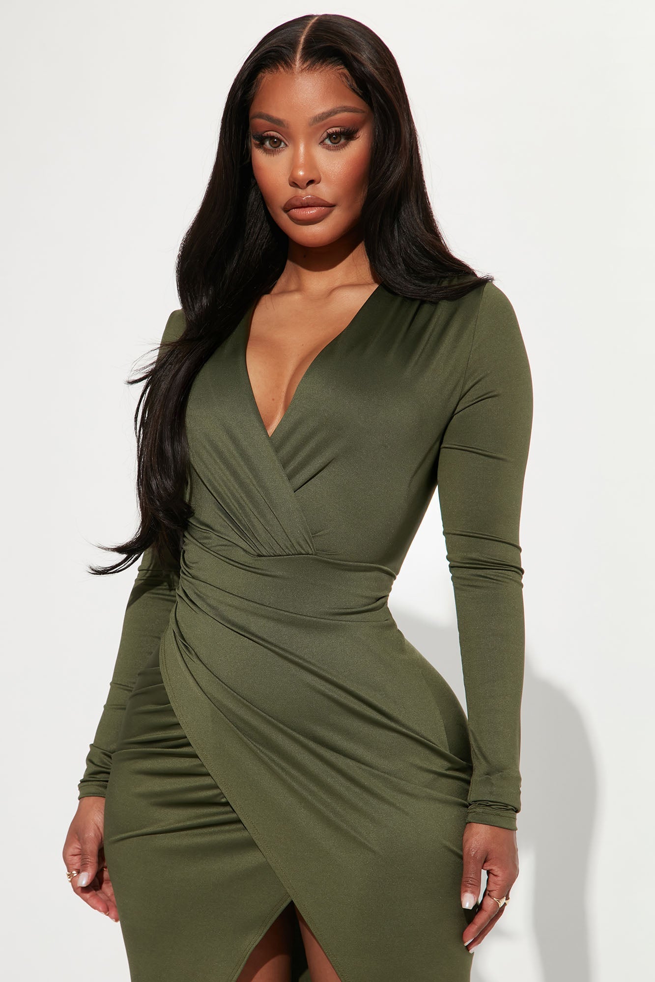 Eyes On Me Ruched Midi Dress - Olive