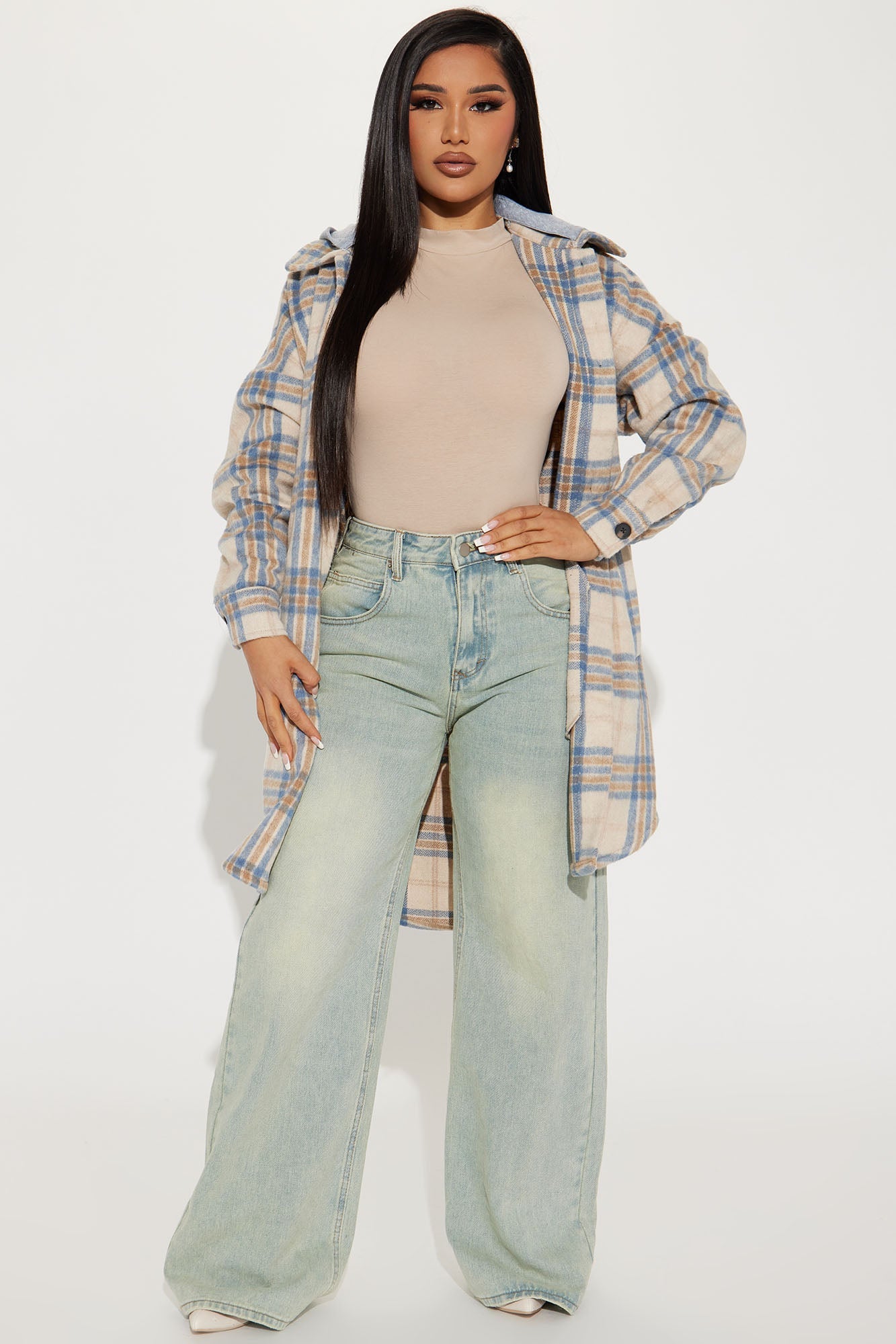 Veronica Hooded Plaid Shacket - Blue/combo