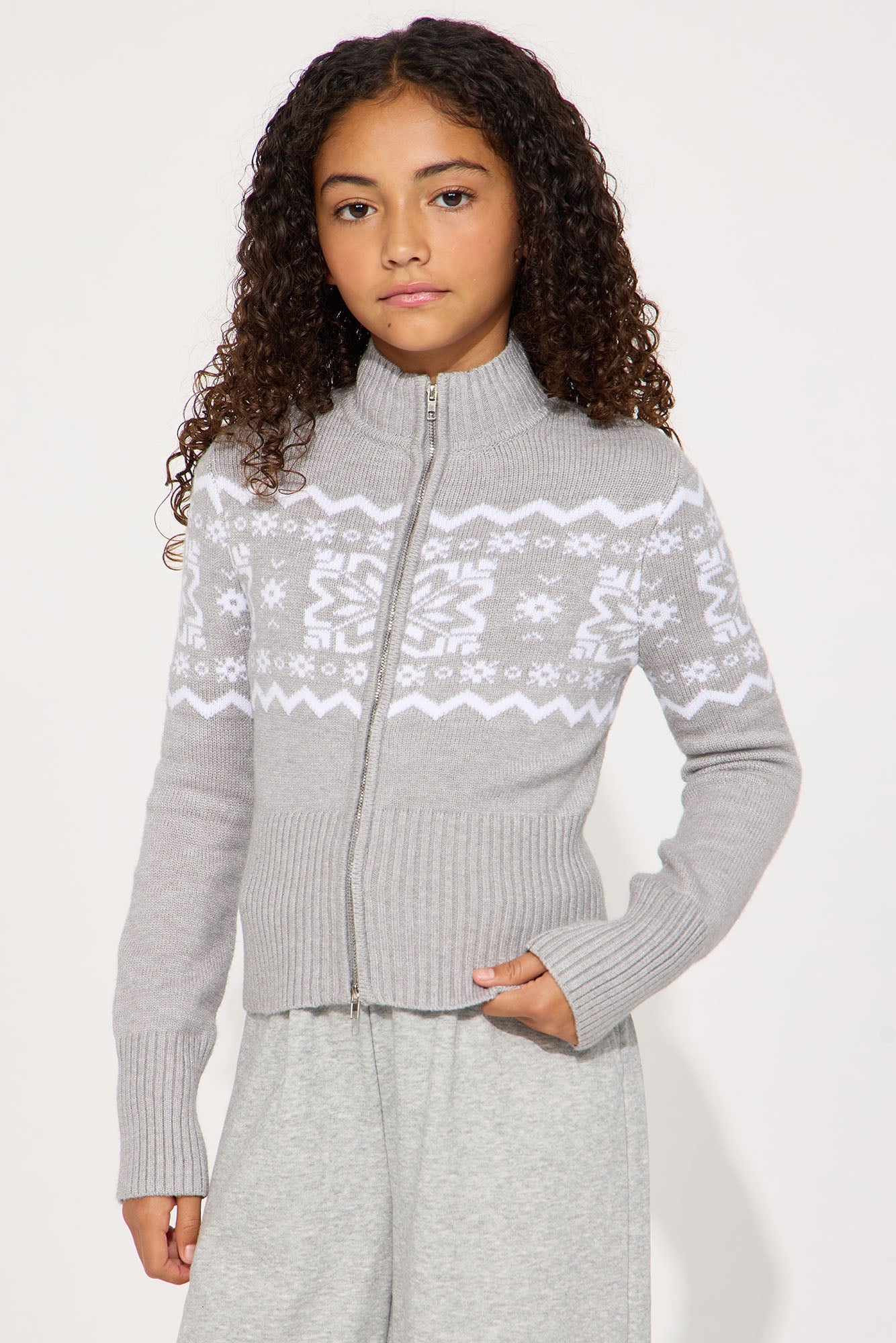 Mini Snowie Fair Isle Front Zip Sweater - Grey/combo