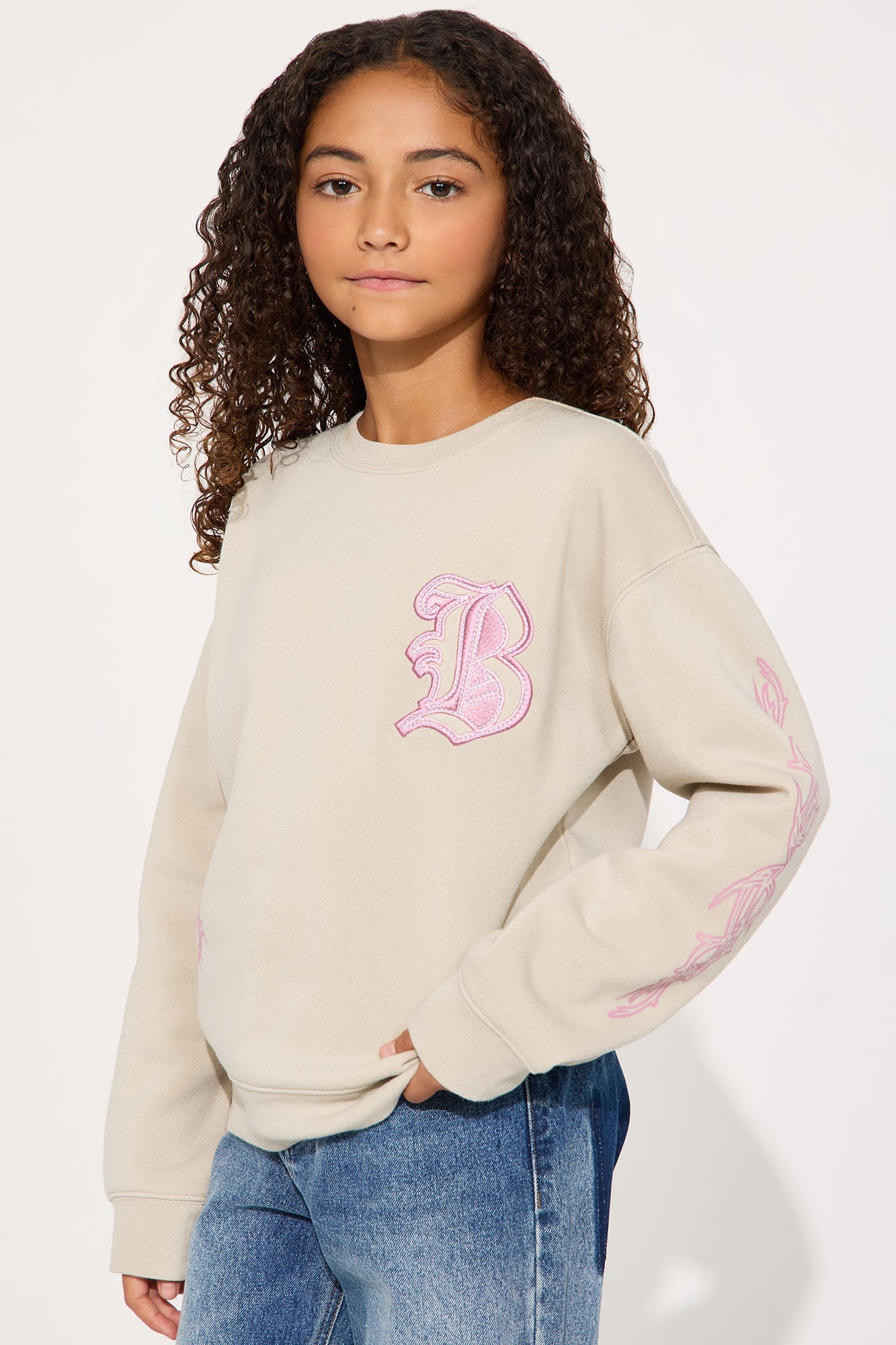 Mini Eternally Blessed Front/Back Crew Neck Sweatshirt - Sand