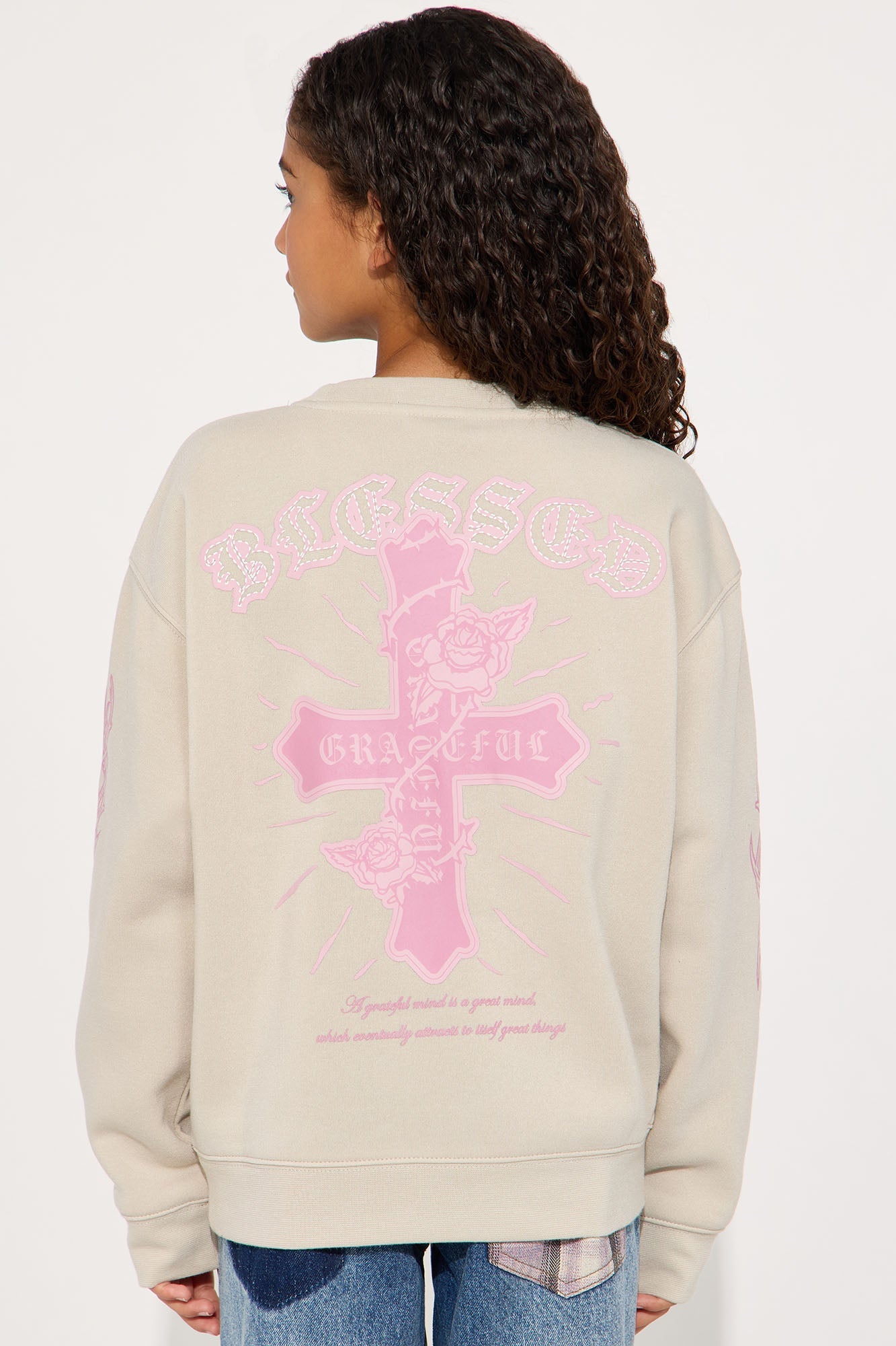 Mini Eternally Blessed Front/Back Crew Neck Sweatshirt - Sand