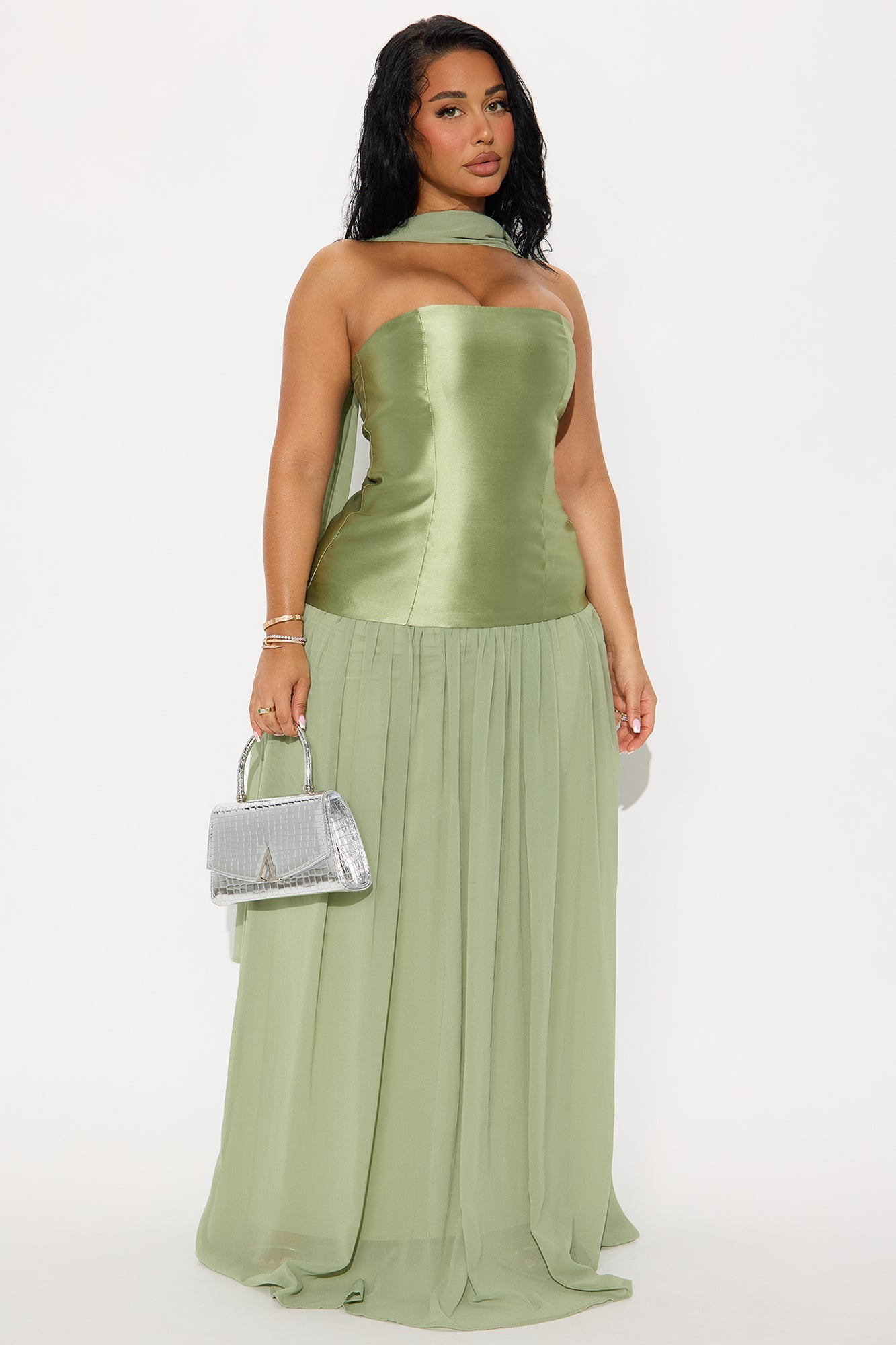 Wildly Graceful Satin Scarf Gown - Sage