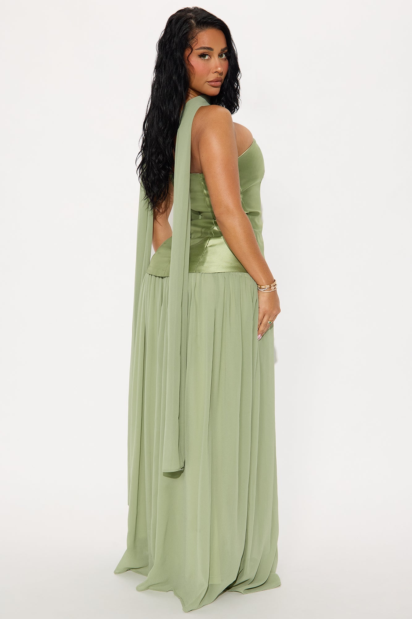 Wildly Graceful Satin Scarf Gown - Sage